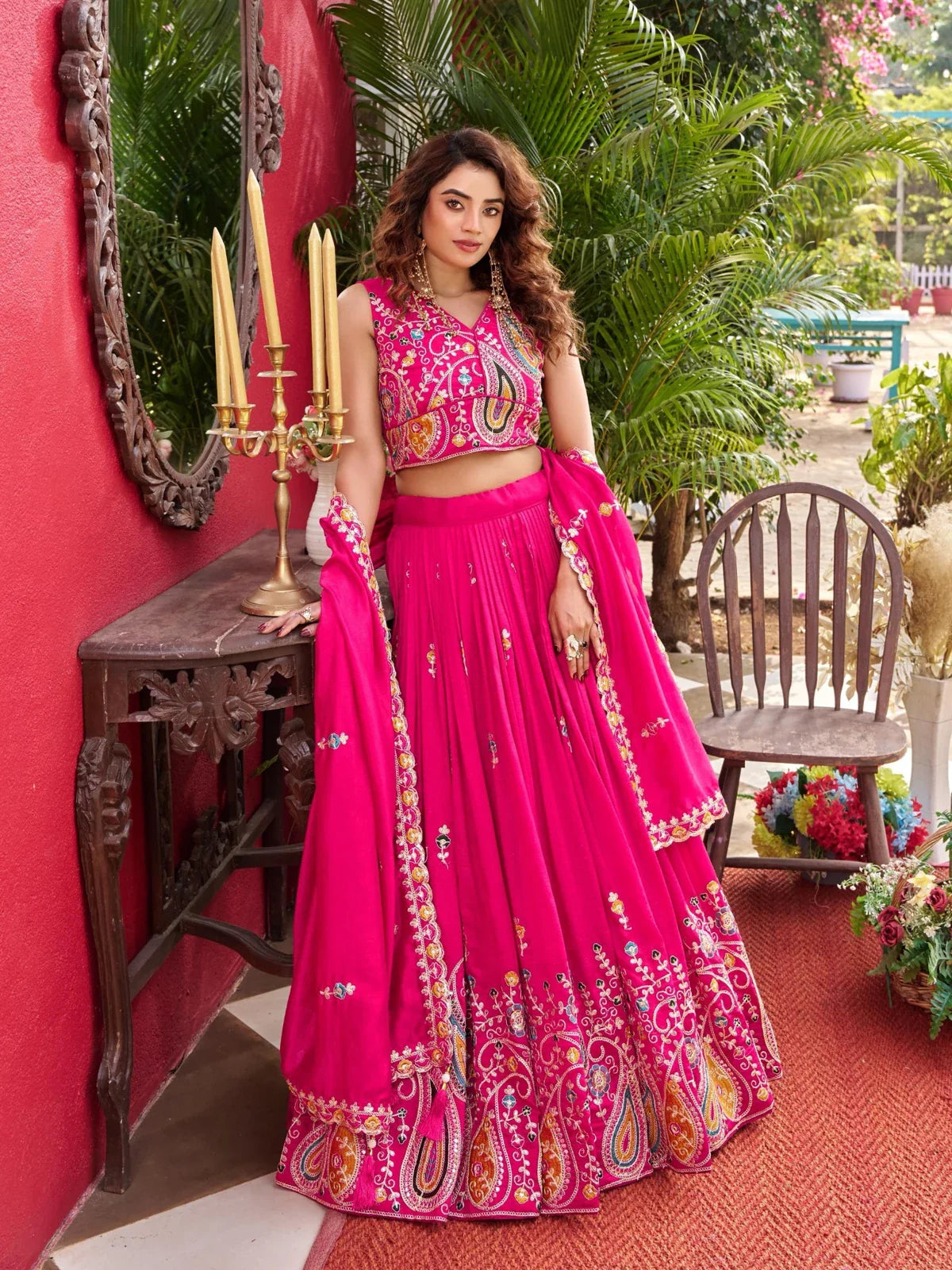 Tarani pink Vichitra lehenga full front view with embroidered blouse and dupatta