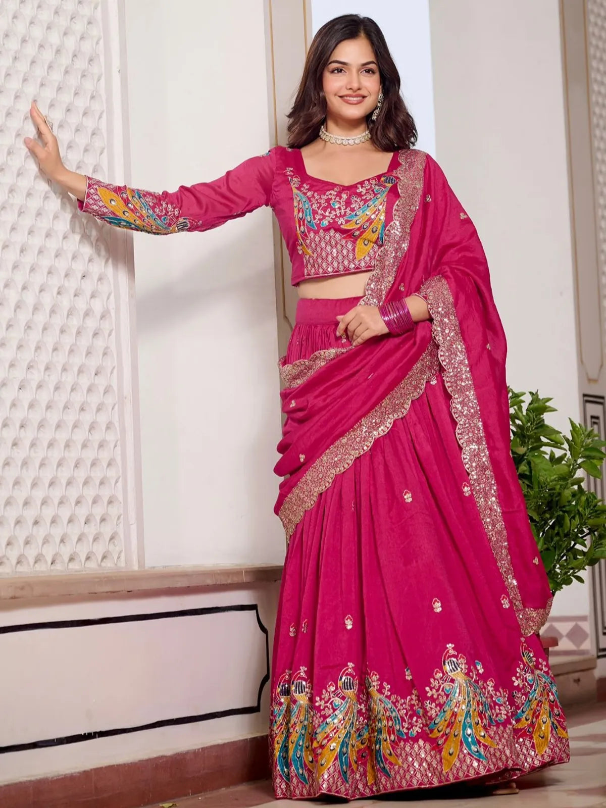 Tarani pink vichitra lehenga full view with embroidered blouse and dupatta for festive occasions