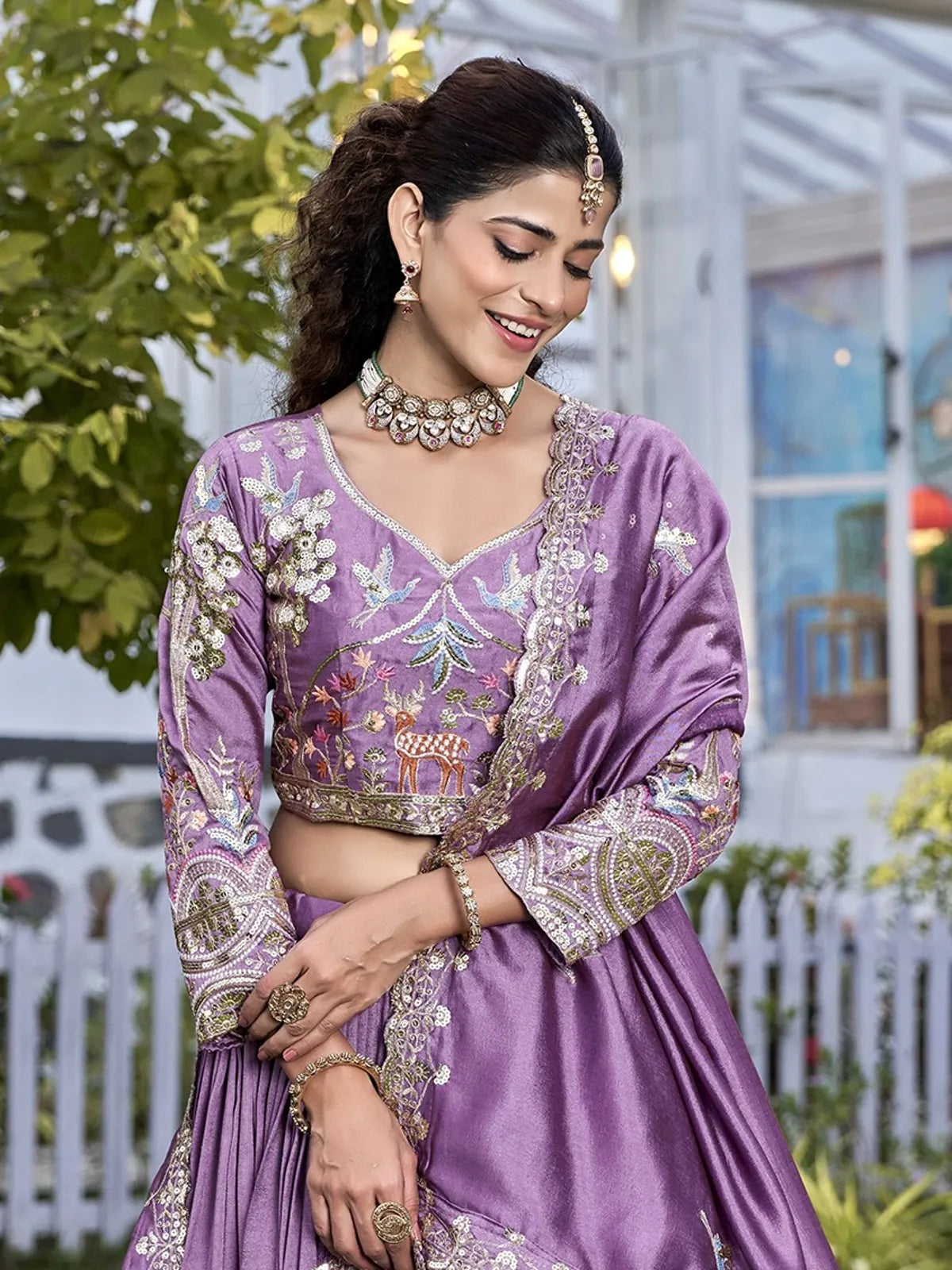 Tarani vichitra purple lehenga upper body blouse embroidery view for wedding look