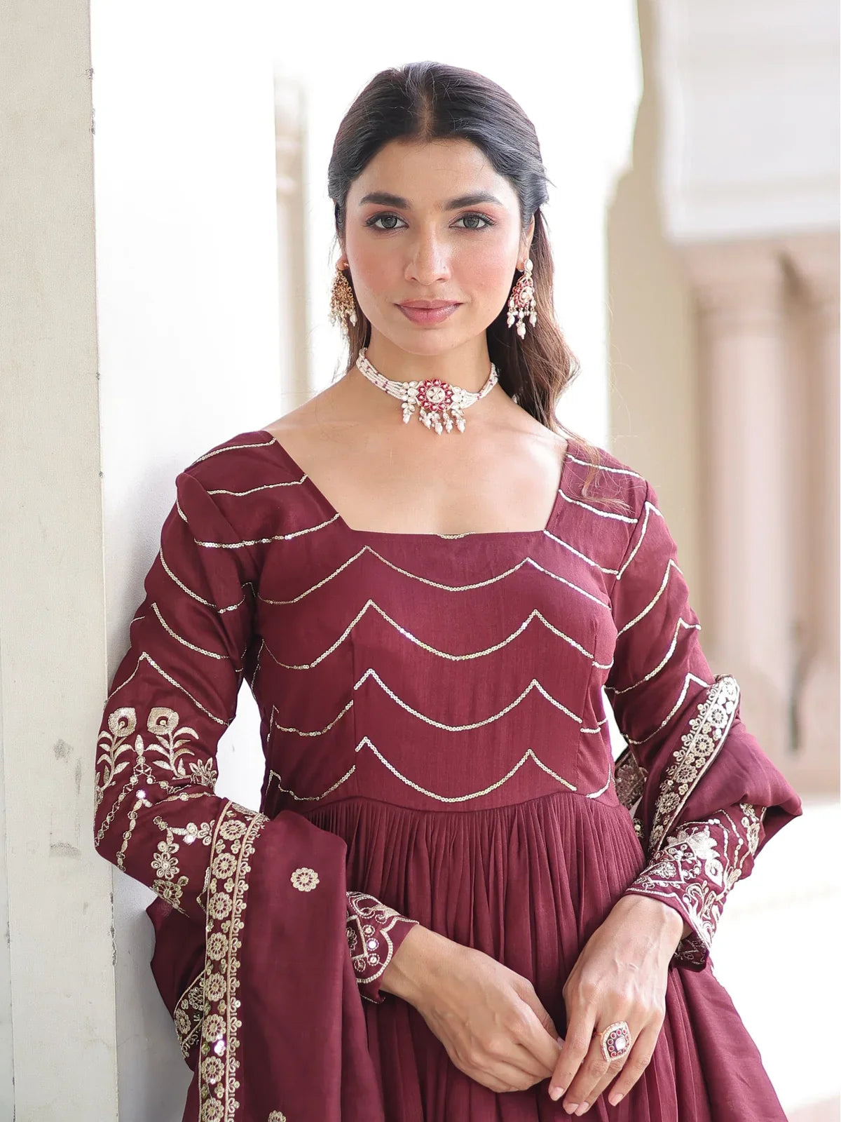 Tarani maroon Vichitra silk gown upper body view showing square neckline and rich embroidery