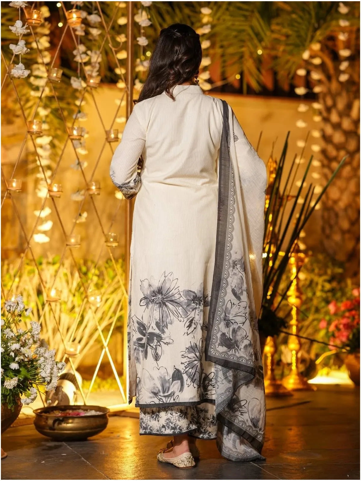 Back view of Tarani off white viscose dress with printed dupatta and subtle embroidery