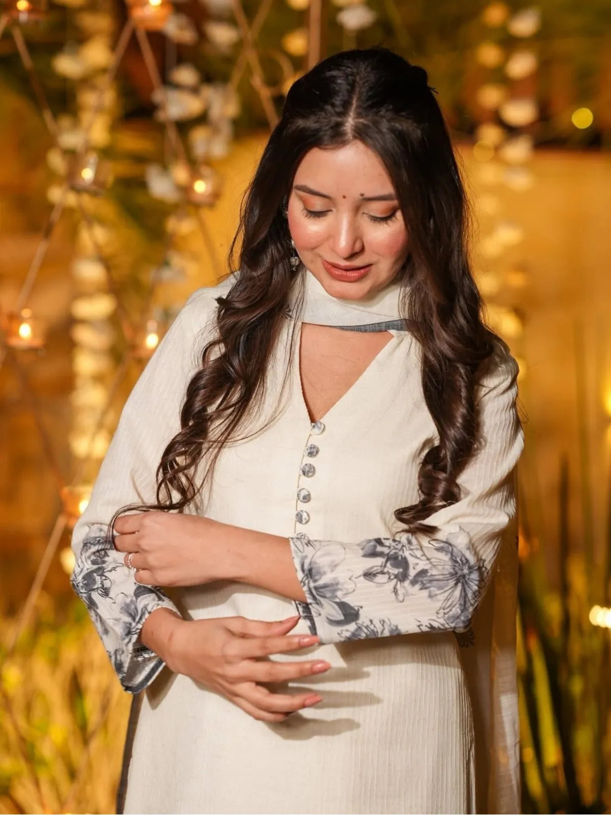 Tarani embroidered off white chanderi dress closeup view showing neckline and sleeves