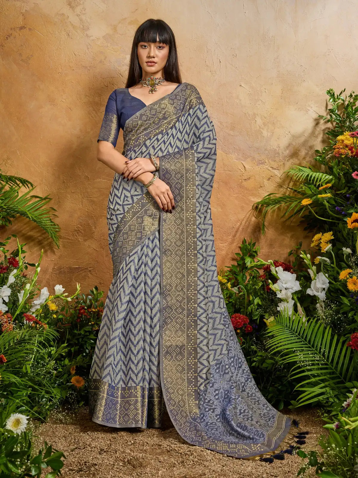 Tarani blue viscose cotton patola saree full view with zari border and matching blouse