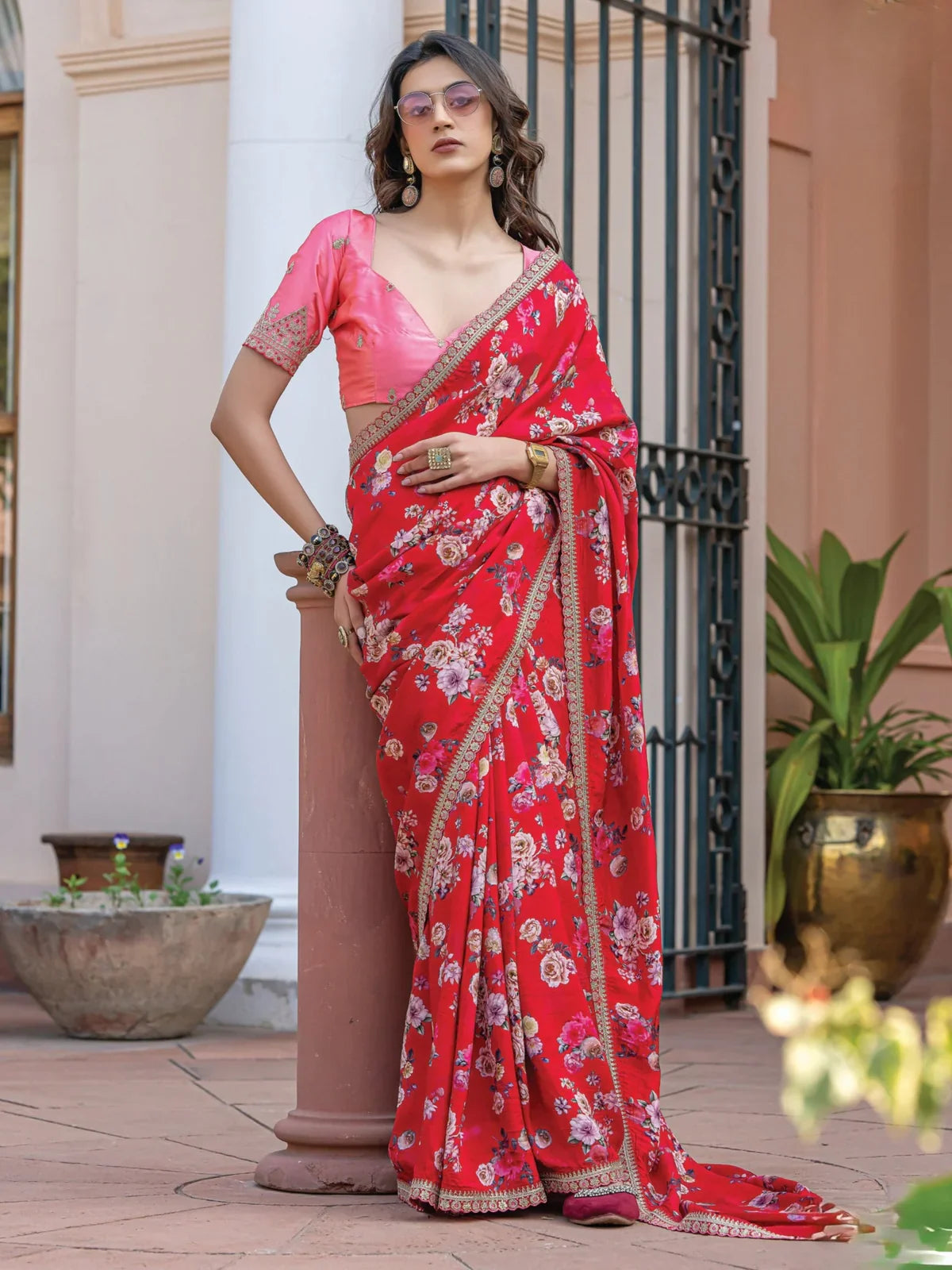 Tarani red floral viscose dola silk saree with golden border full view elegant party wear