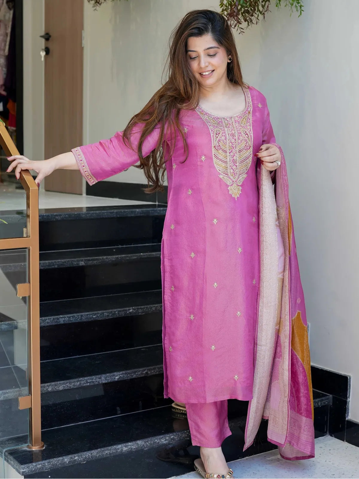 Tarani festive viscose shimmer pink dress with embroidery and dupatta - front pose of Ikshanika