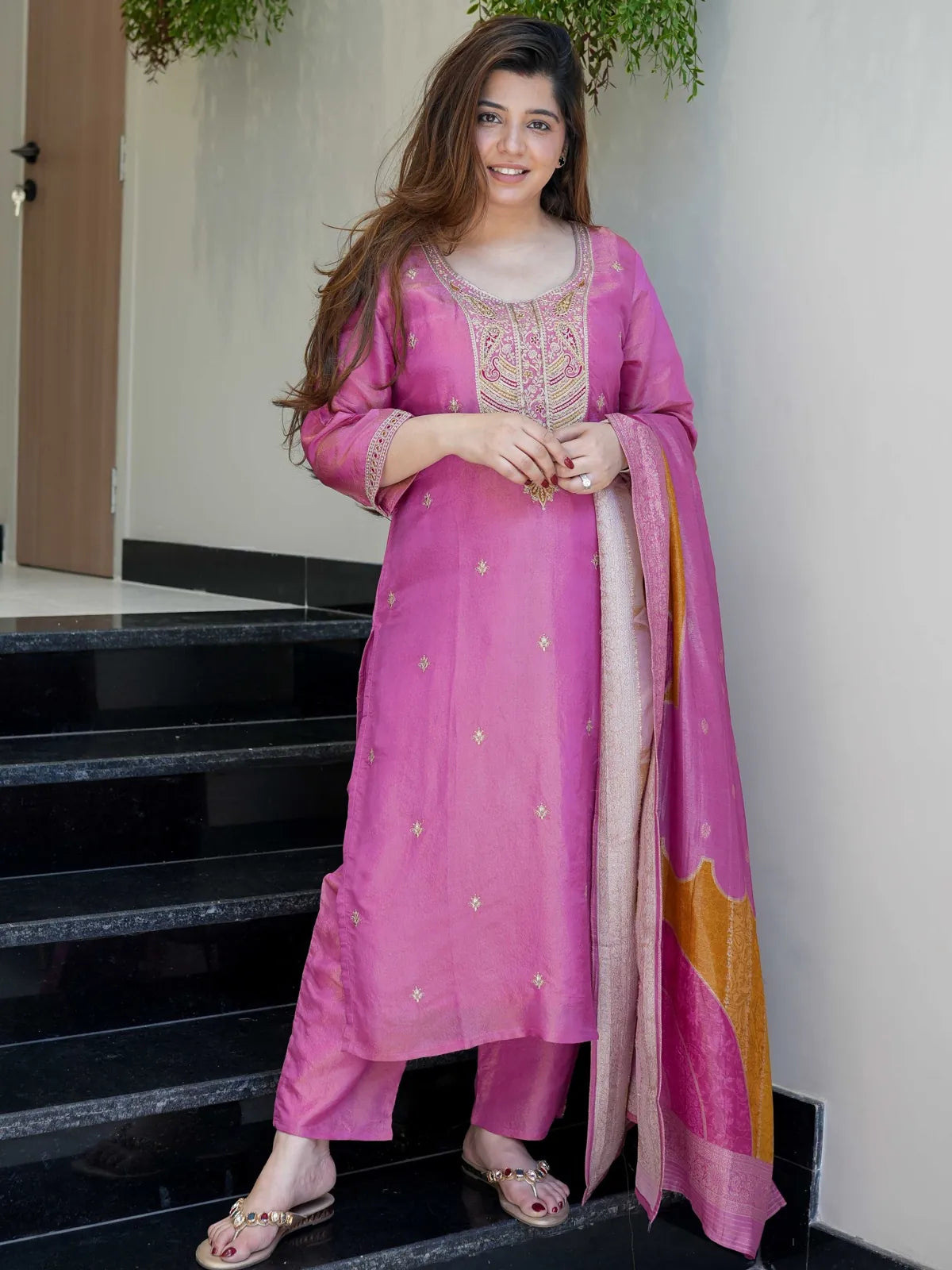 Tarani pink viscose shimmer embroidered dress full view with jacquard dupatta - Ikshanika