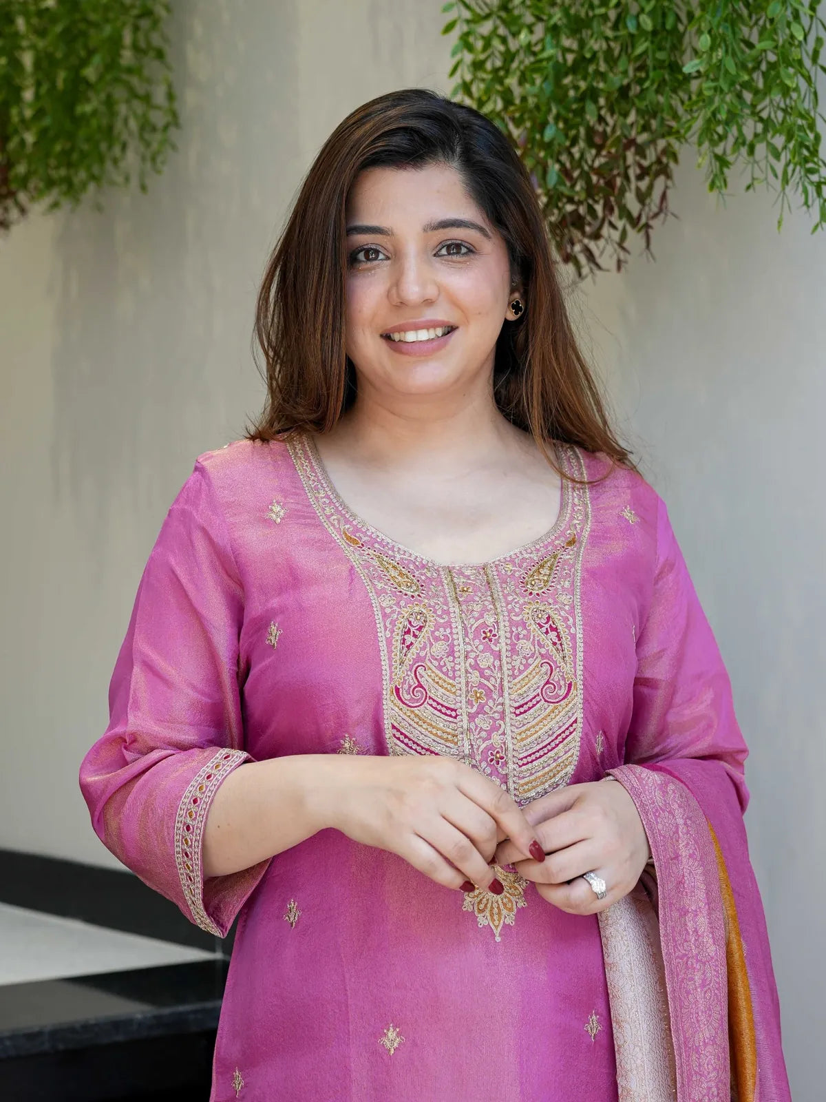 Tarani pink viscose shimmer dress with embroidery closeup and jacquard dupatta - upper body view