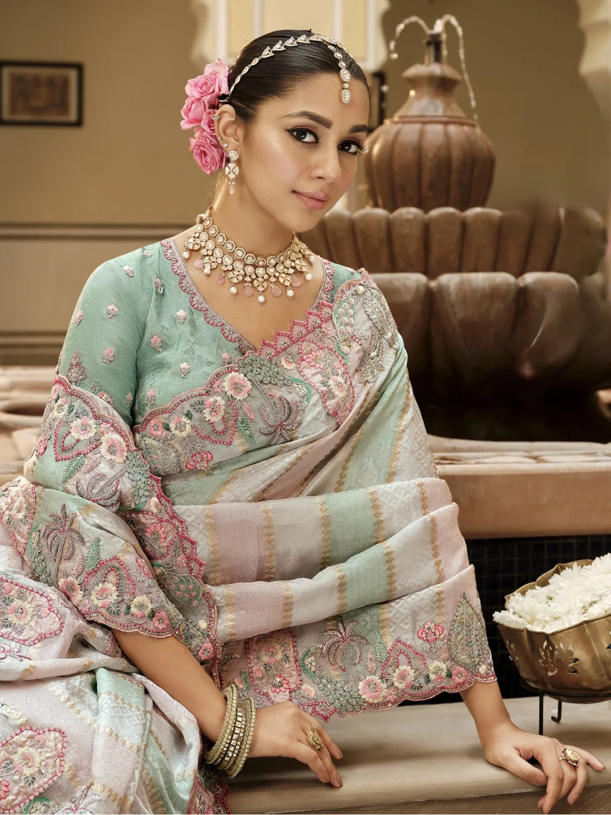 Tarani mint green viscose jacquard saree with silk blouse embroidery upper body view