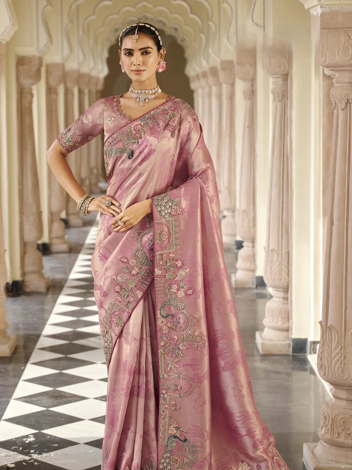 Tarani premium pink viscose jacquard saree with silk blouse full view for weddings and festive occasions