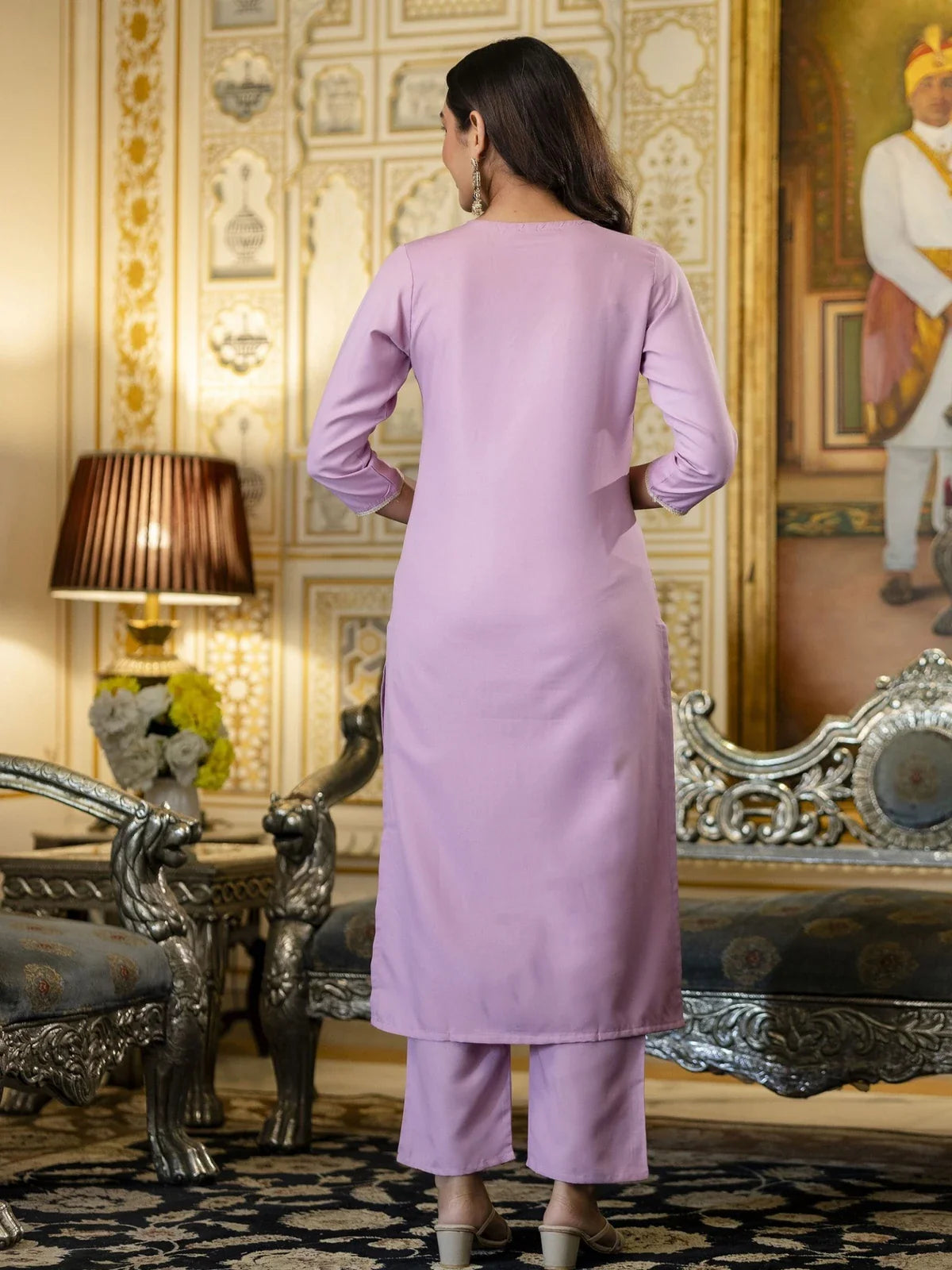 Tarani full back view of soft rayon pink kurti with pant and Chanderi dupatta