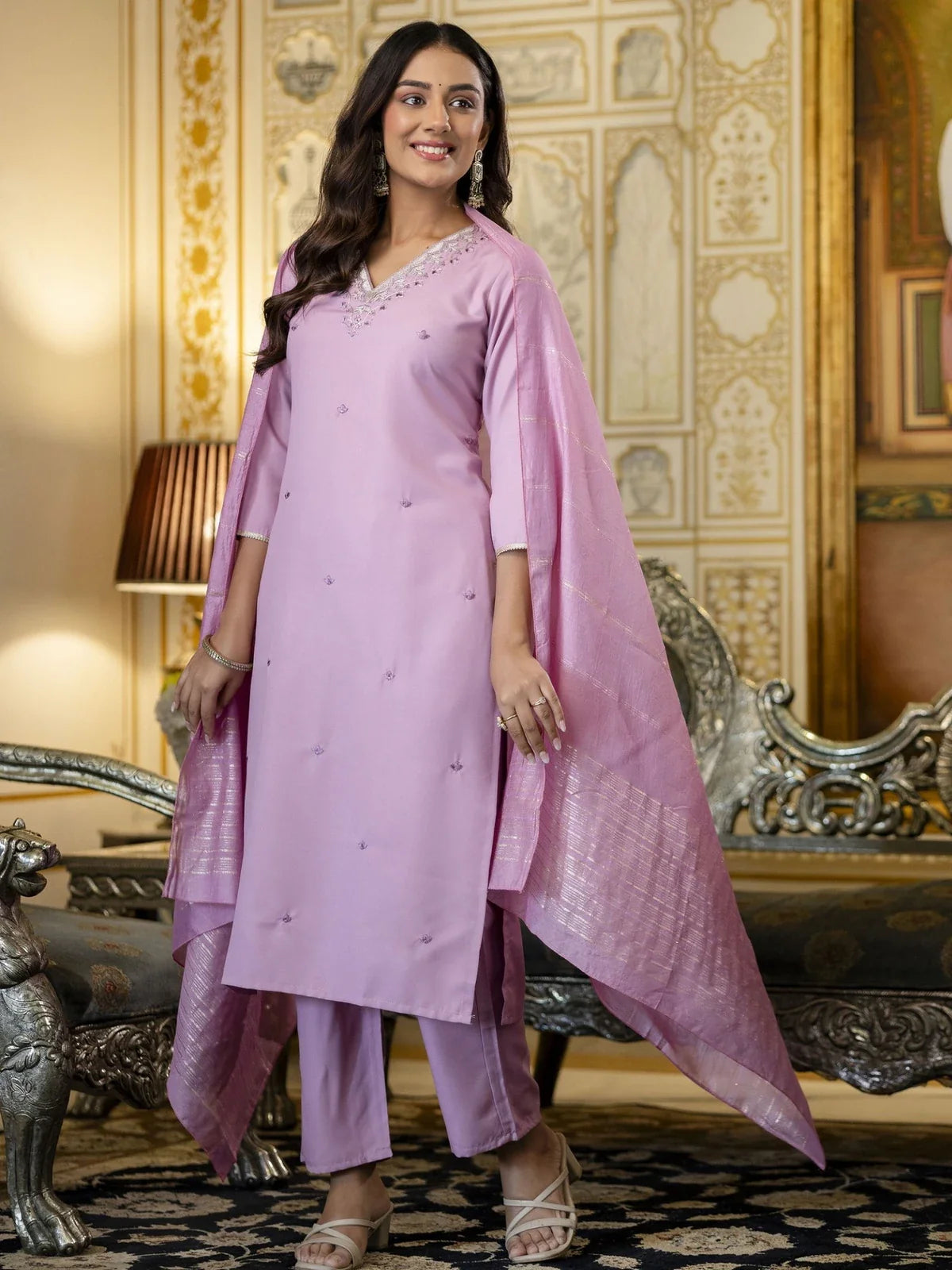 Tarani elegant front pose of pink rayon kurti set with embroidery and dupatta