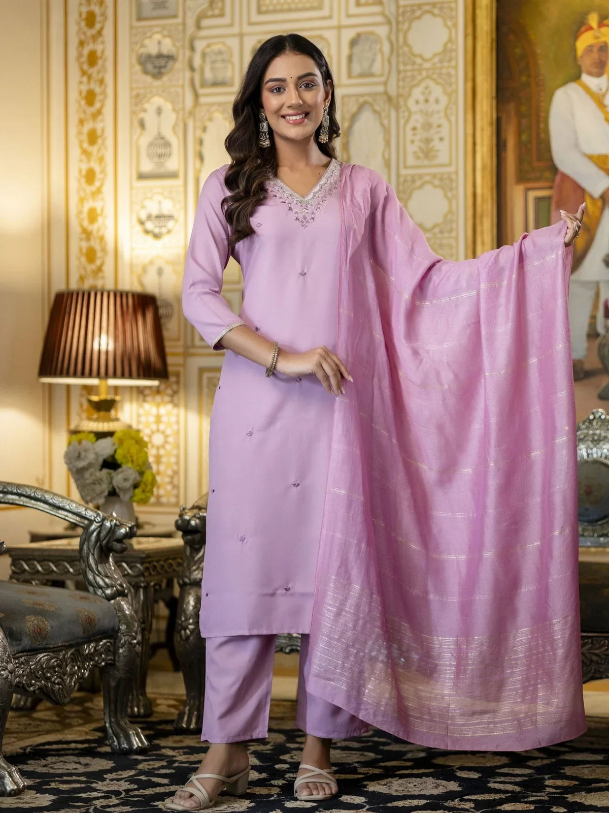 Tarani pink rayon dress full front view with Chanderi dupatta for festive wear