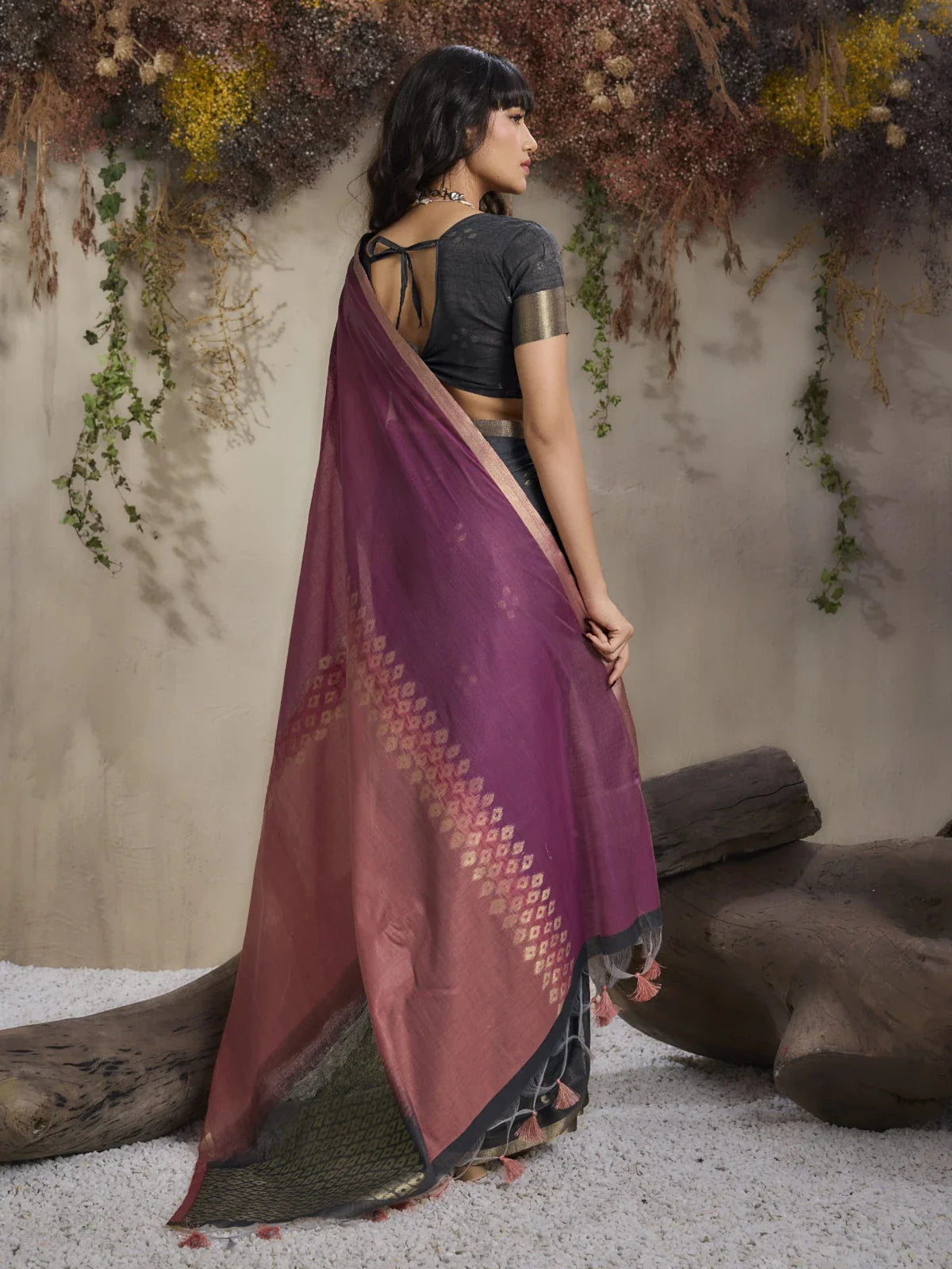 Tarani pure viscose saree back view with rose pallu drape and tie-back blouse