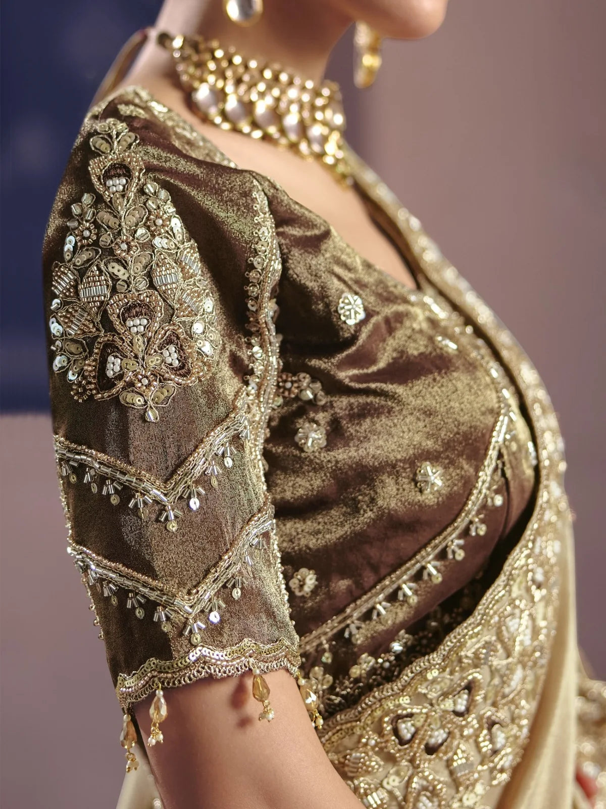Tarani Pavitra blouse close up with bead work embroidery on viscose zari tissue silk saree by Tarani