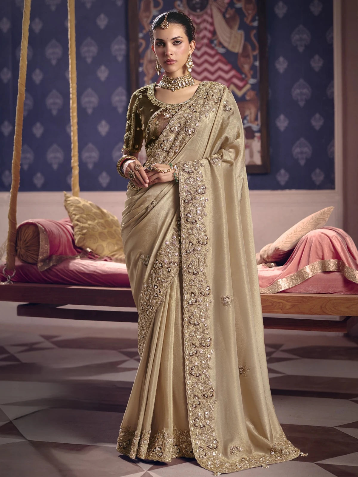Tarani Pavitra beige viscose zari tissue silk saree with heavy embroidery full view for wedding and festive wear