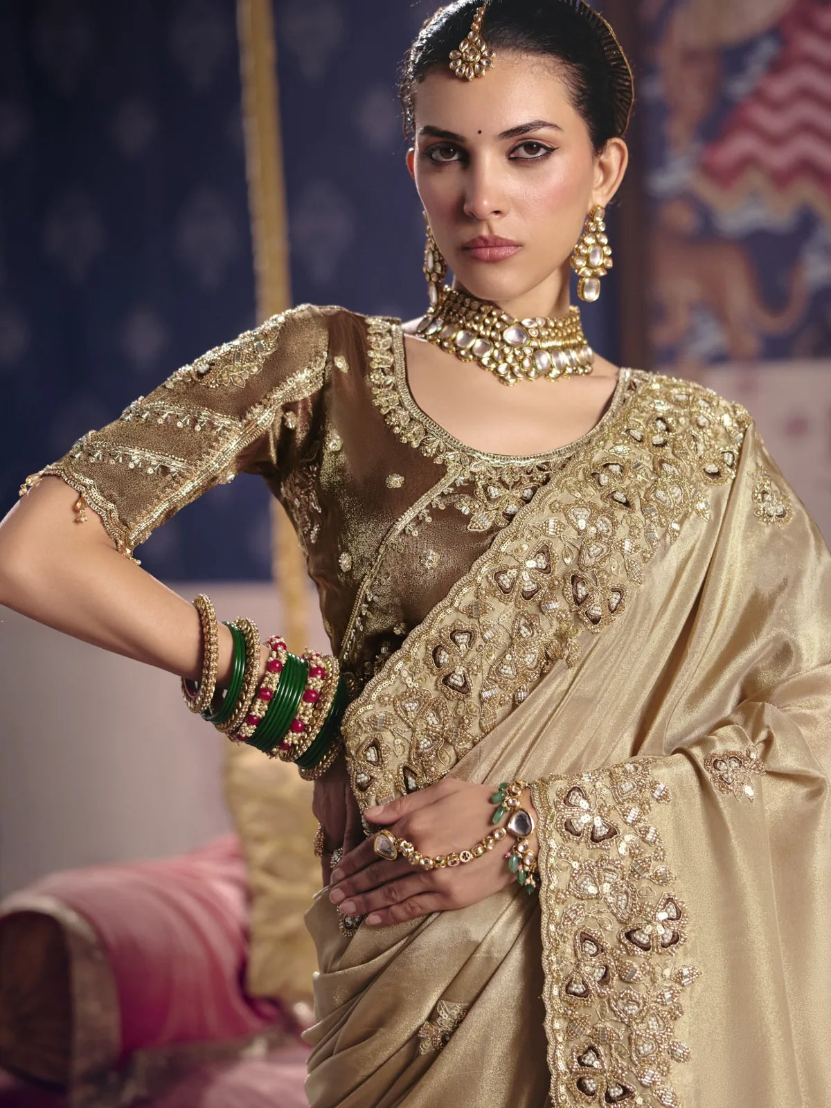 Tarani Pavitra beige embroidered viscose zari tissue silk saree upper body view with embellished border and blouse