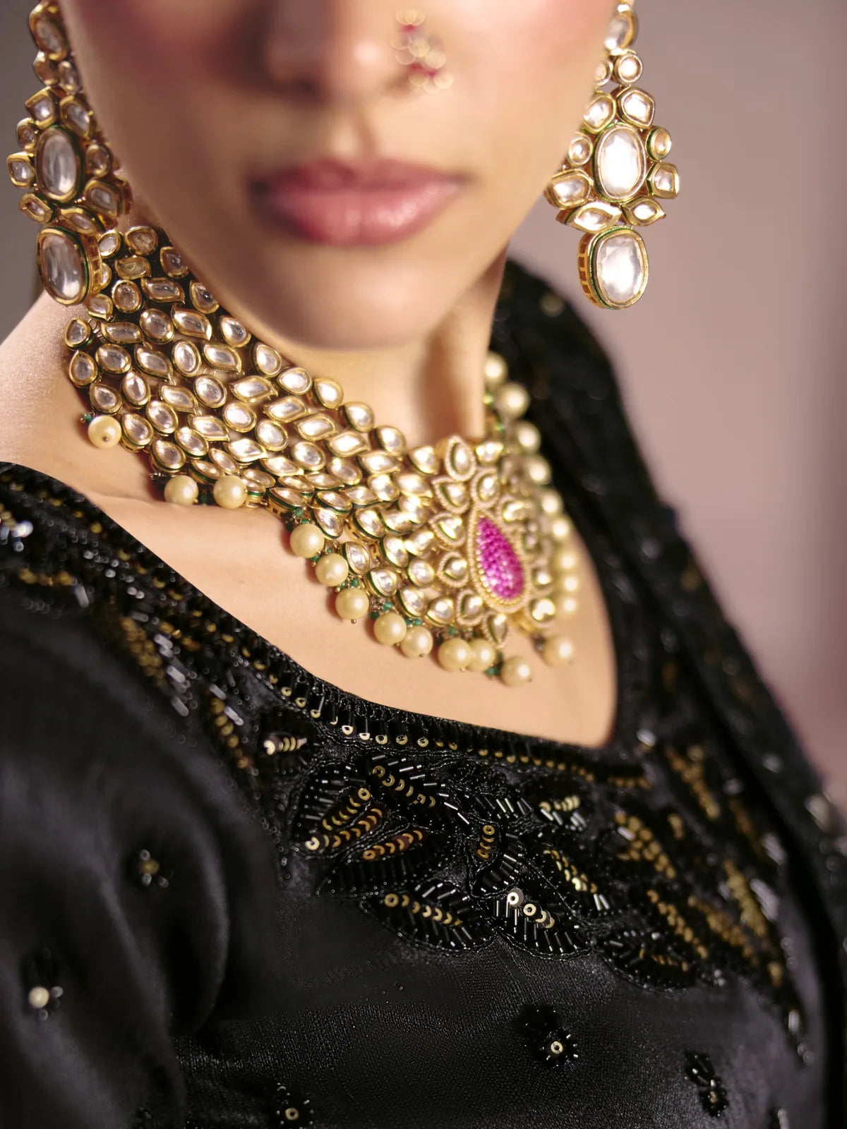 Tarani black saree closeup of embroidery and neckline detailing
