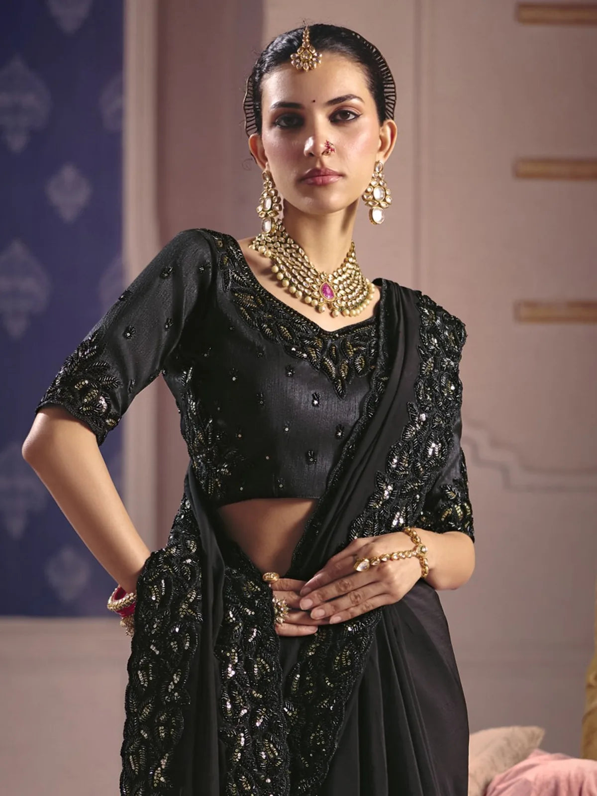 Tarani black embroidered saree upper body view with embellished blouse