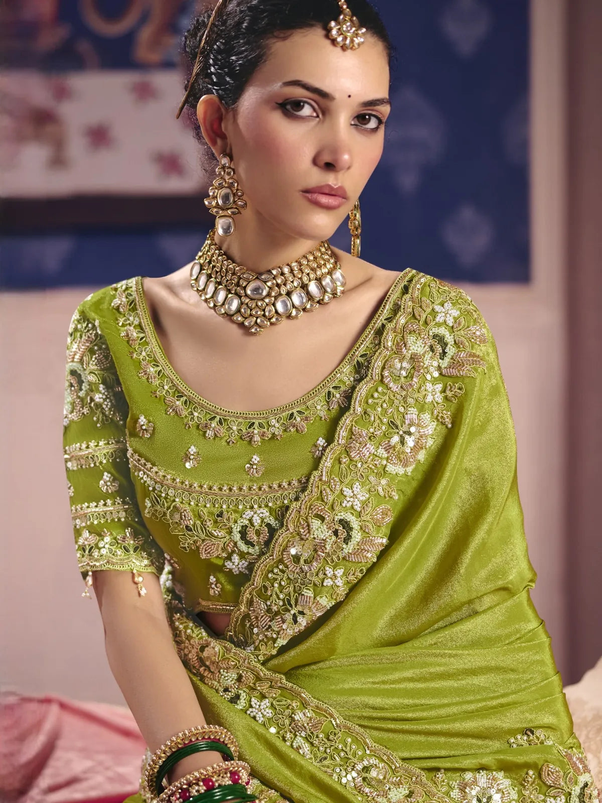Tarani green embroidered Viscose Zari Tissue Silk saree upper body view with designer blouse and bead work Jeevanti