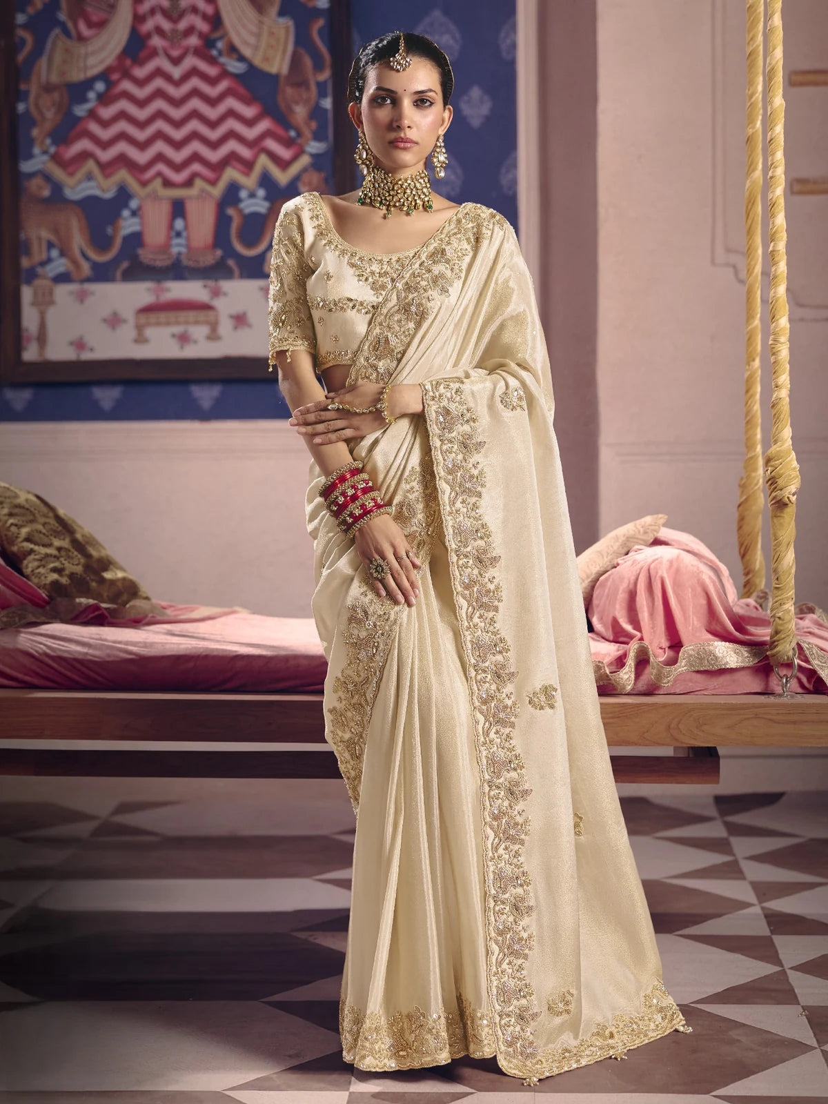 Tarani off white Viscose Zari Tissue Silk saree full view with heavy embroidery bead work and designer border for wedding wear