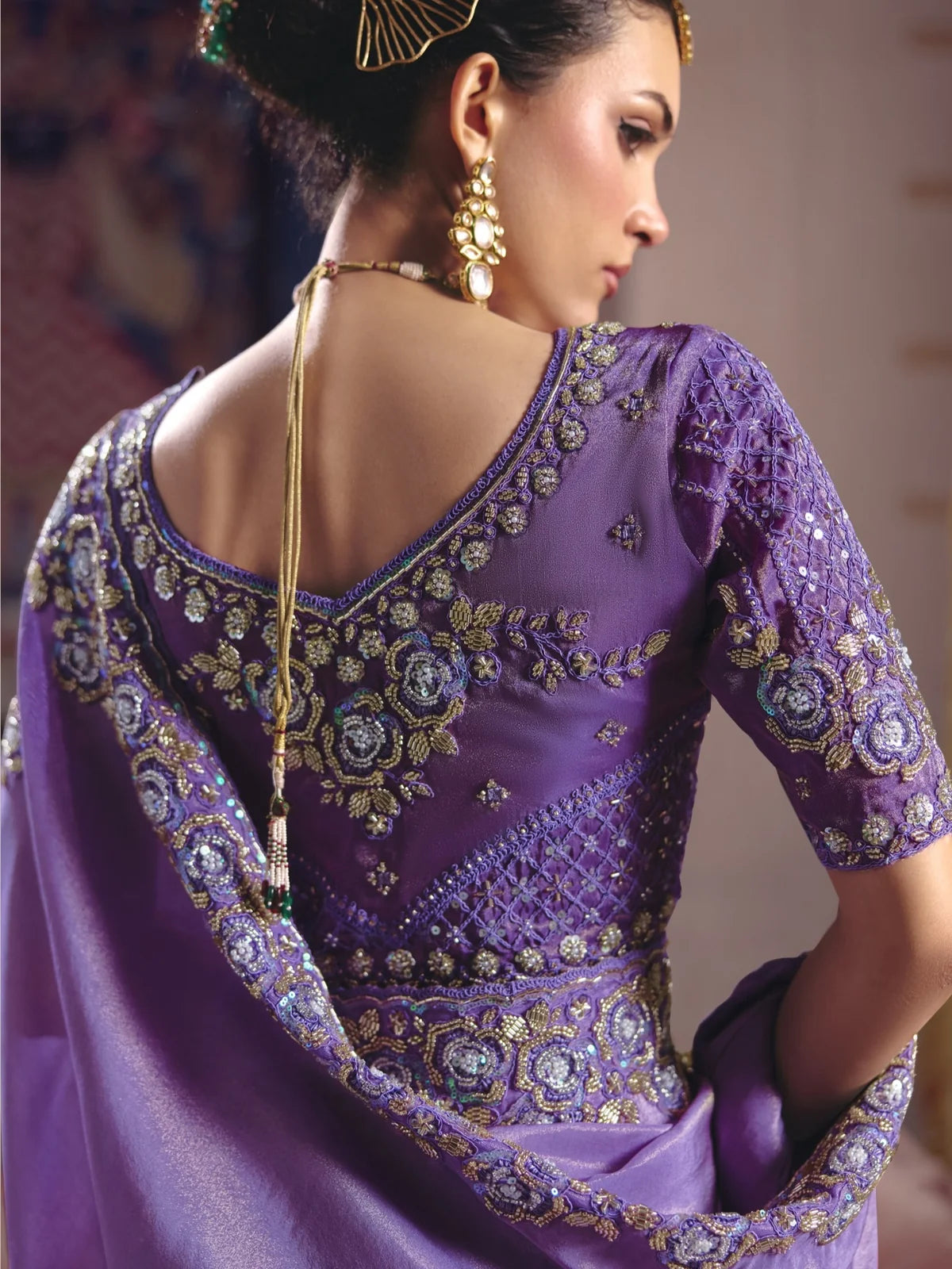 Tarani purple blouse back view with embroidery and bead work on Viscose Zari Tissue Silk saree
