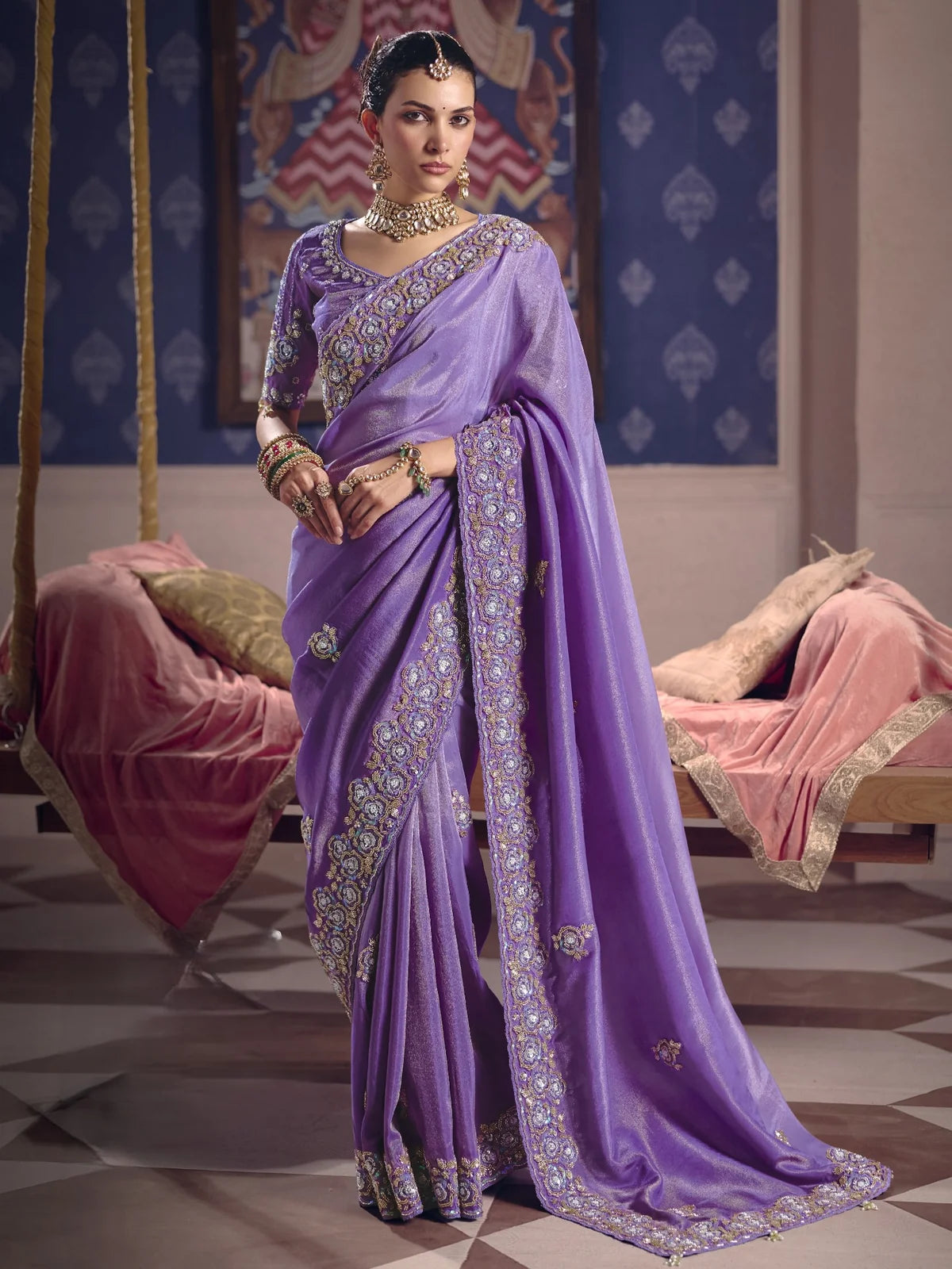 Tarani purple Viscose Zari Tissue Silk saree full view with heavy embroidery and bead work for wedding wear
