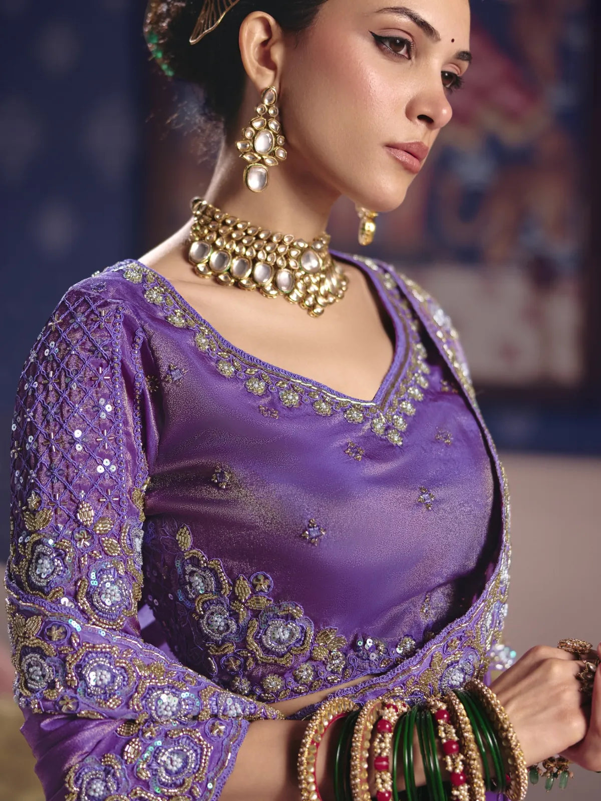 Tarani purple saree upper body view showing embroidered blouse and zari detailing