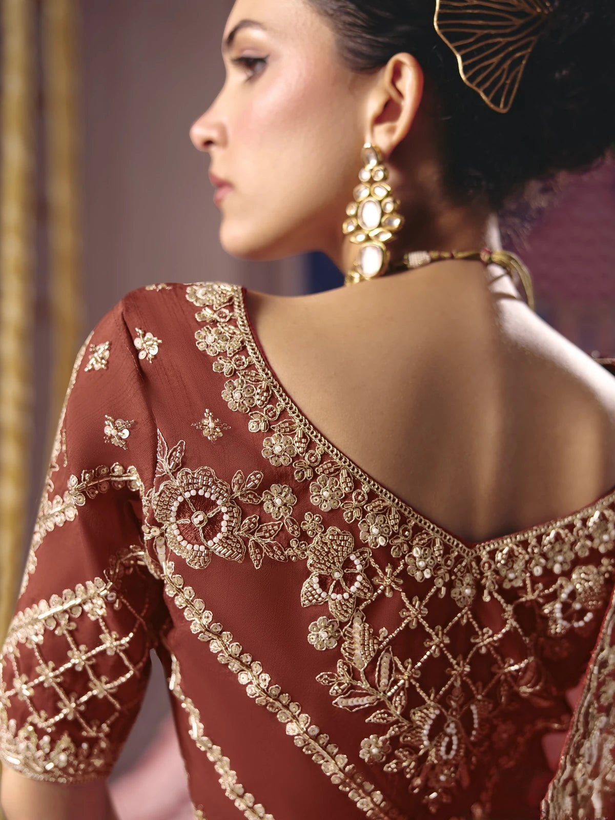 Tarani Supriya blouse back view with heavy embroidery bead work on viscose zari tissue silk blouse