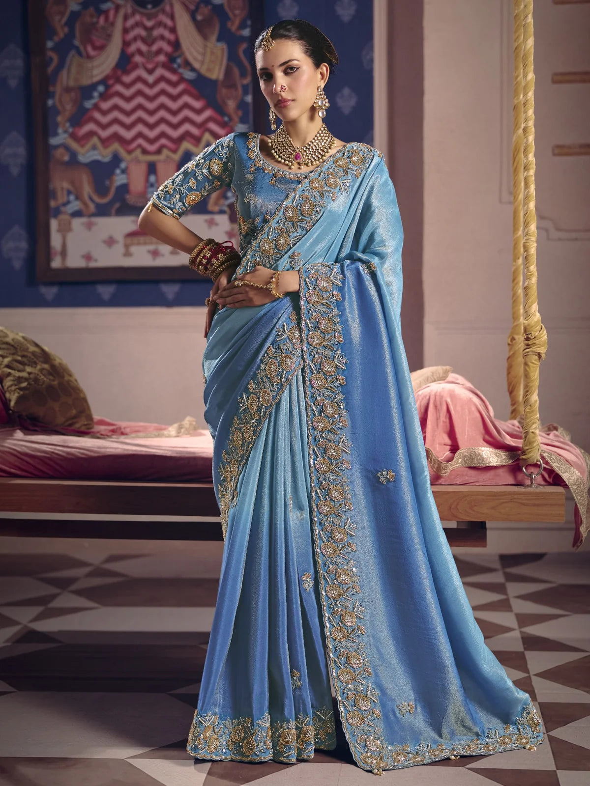 Tarani Harshada sky blue Viscose Zari Tissue Silk saree full view with heavy embroidery bead work and ornate border