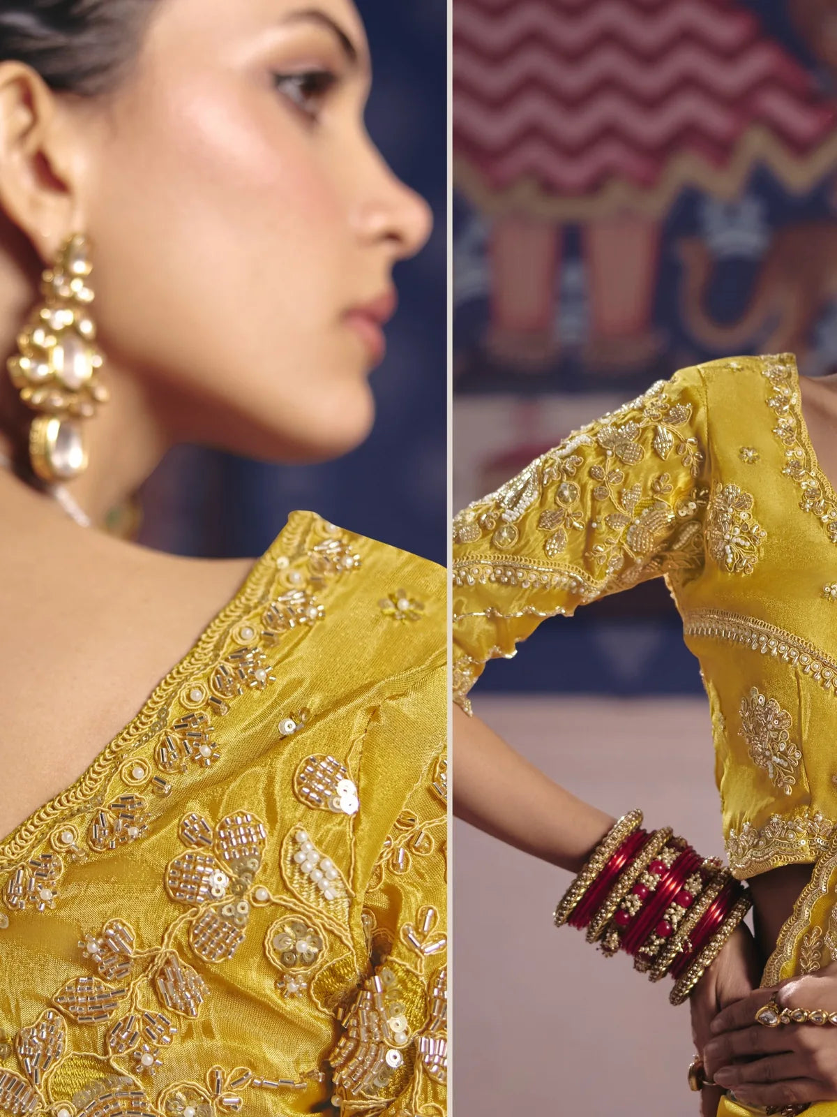 Tarani Deepali yellow blouse closeup with embroidery bead work and handcrafted zari embellishment