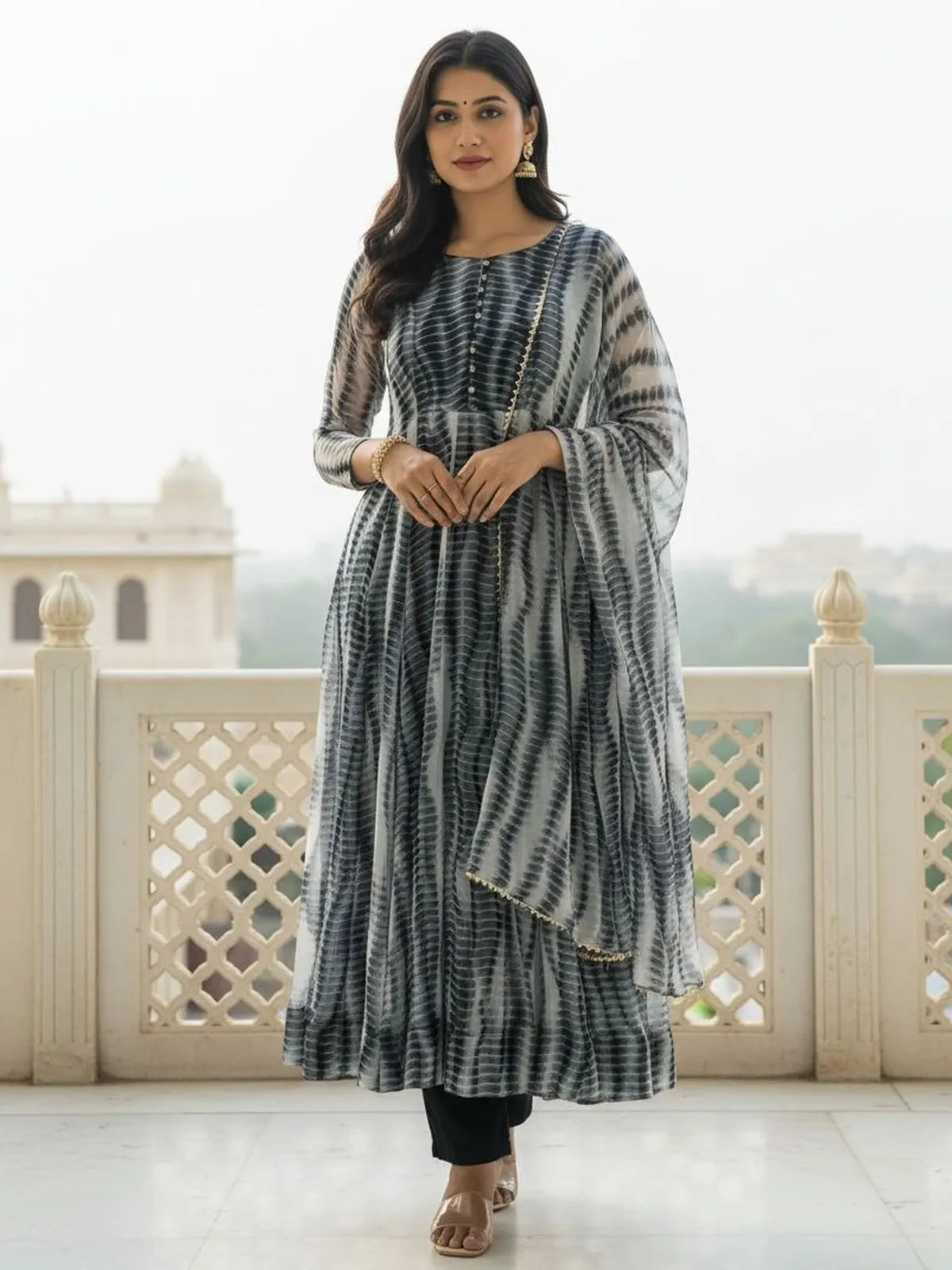 Tarani traditional grey weightless printed dress with potli buttons and dupatta front view