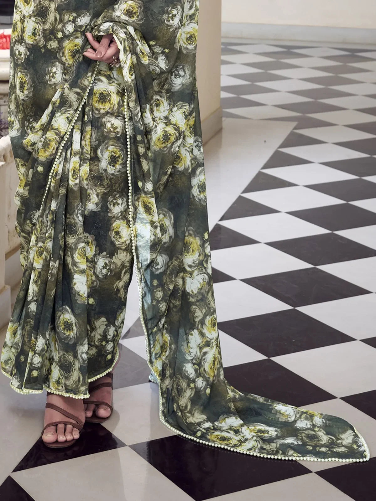 Tarani jalishi Green Marble saree close up view for festive party and wedding wear