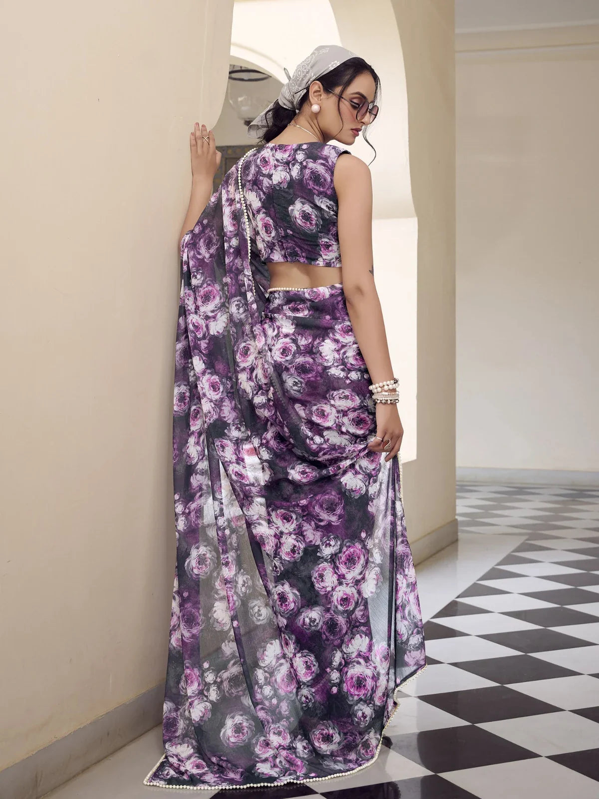 Tarani abhigyanika Purple Marble saree drape detail view for festive party and wedding wear