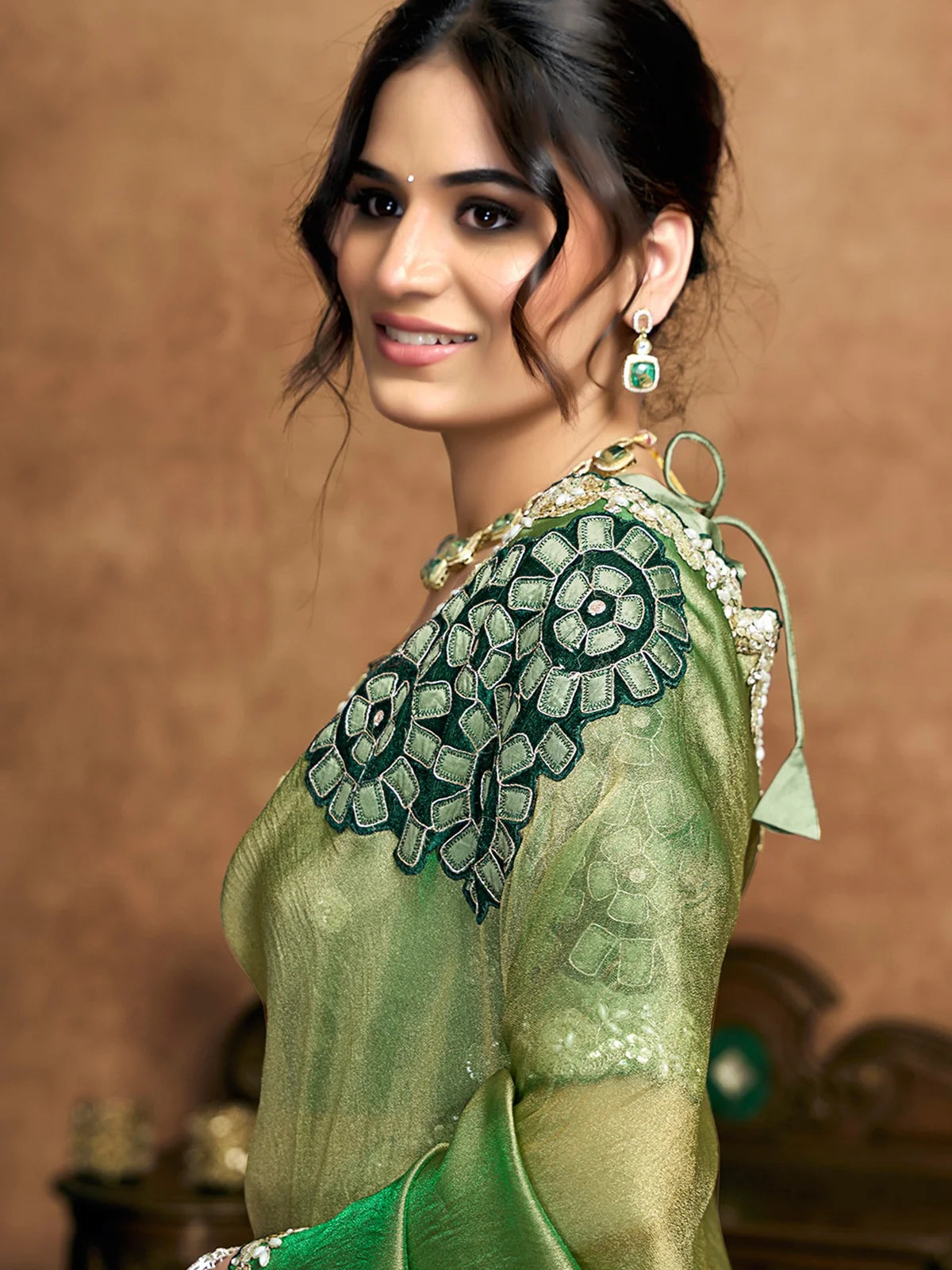 Tarani Rajashri green Zari Organza Satin saree side view highlighting blouse embroidery and elegant drape