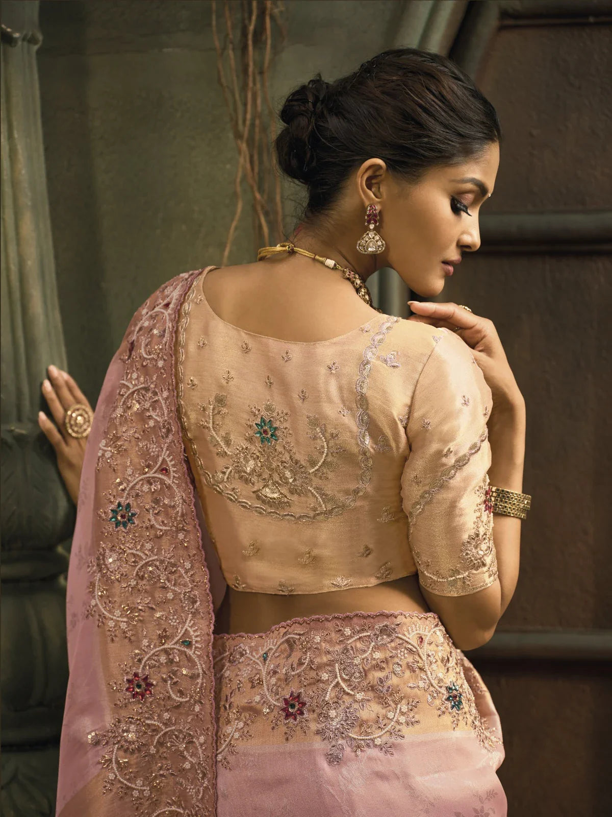 Tarani blouse back design of zarif silk saree with delicate embroidery and soft shine