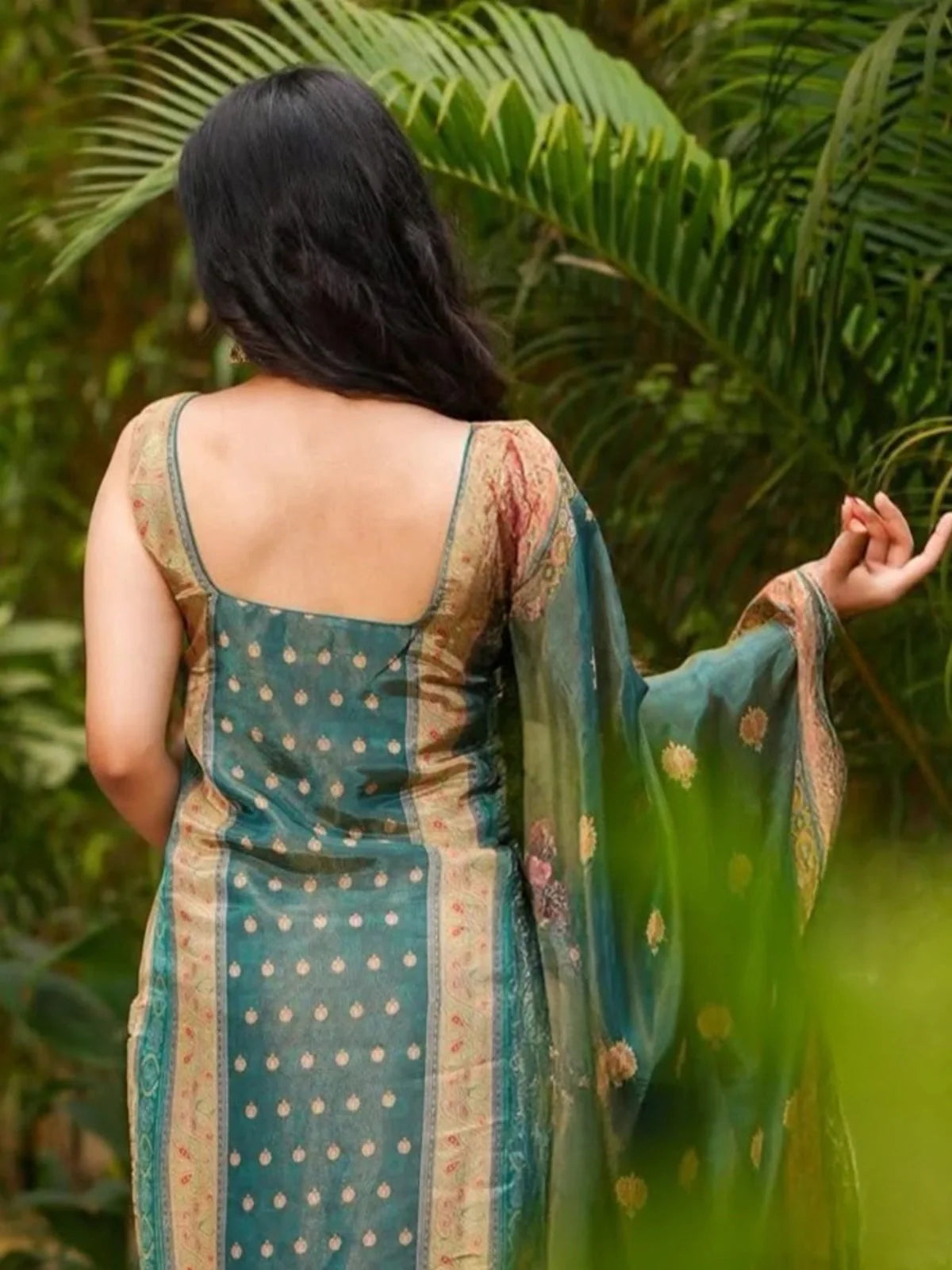 Tarani rama green Zarna silk kurti back view with printed detailing