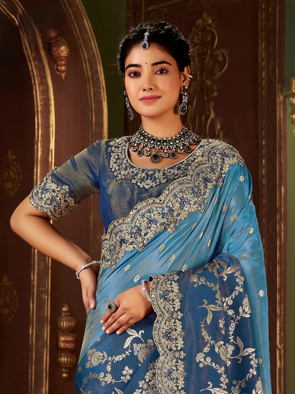Tarani fancy saree blue color upper body view with detailed embroidered blouse and jewellery