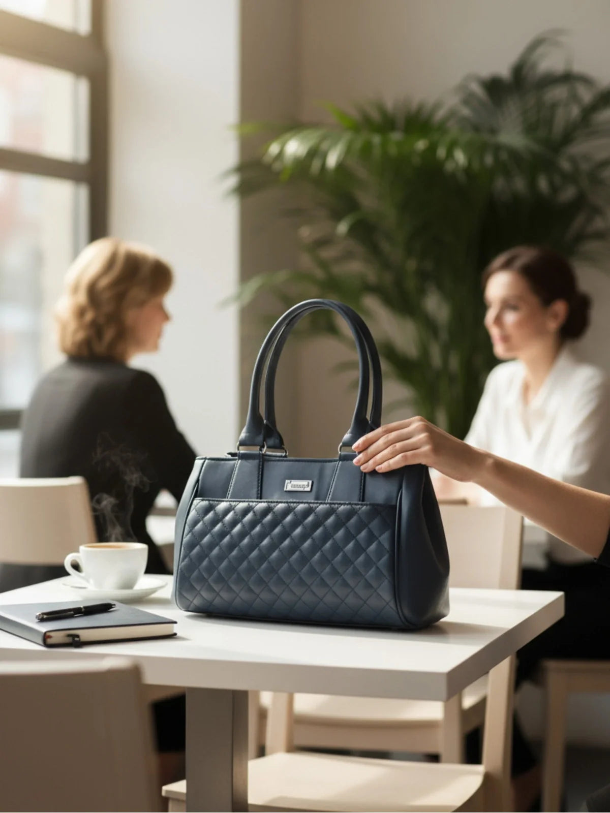 Tarani navy PU leather handbag with quilted design perfect for office and festive use