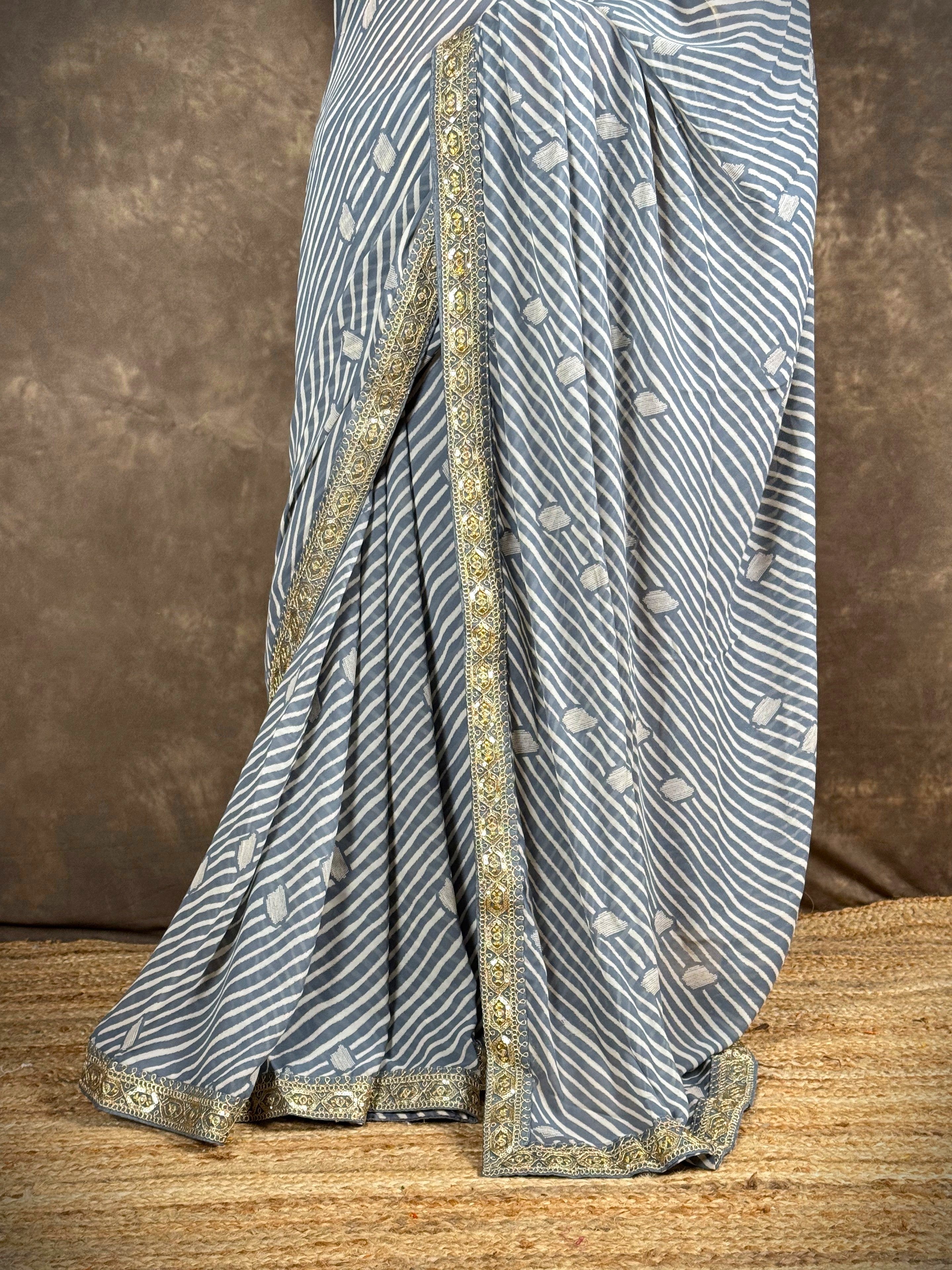 Tarani grey georgette saree close pallu and border detailing