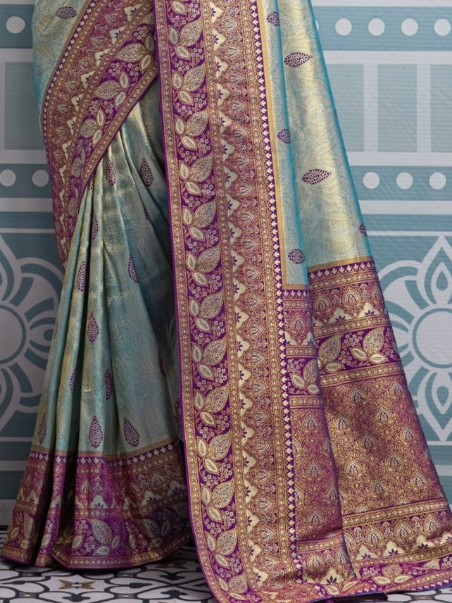 Tarani blue silk saree pallu close view with intricate zari and meenakari design