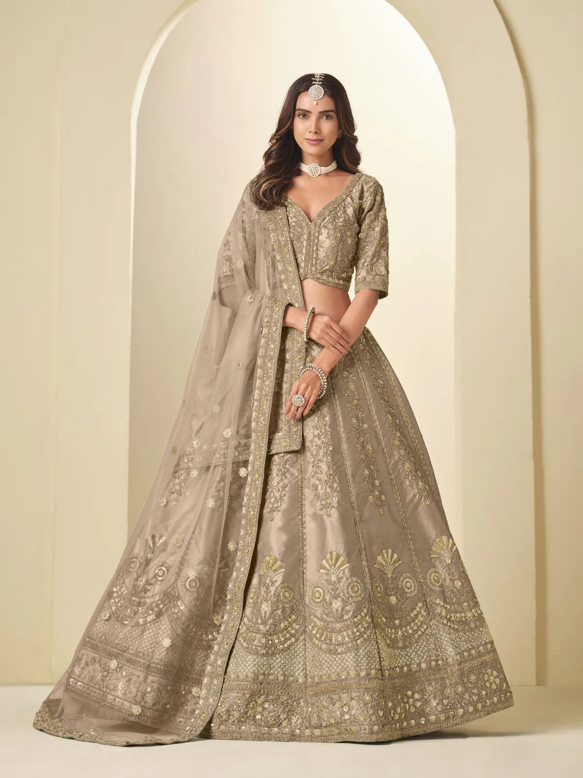 Tarani art silk beige lehenga with intricate embroidery work front full view
