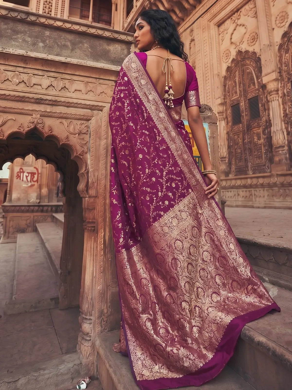 Tarani Shloka magenta Art Silk saree back view with blouse and woven pallu
