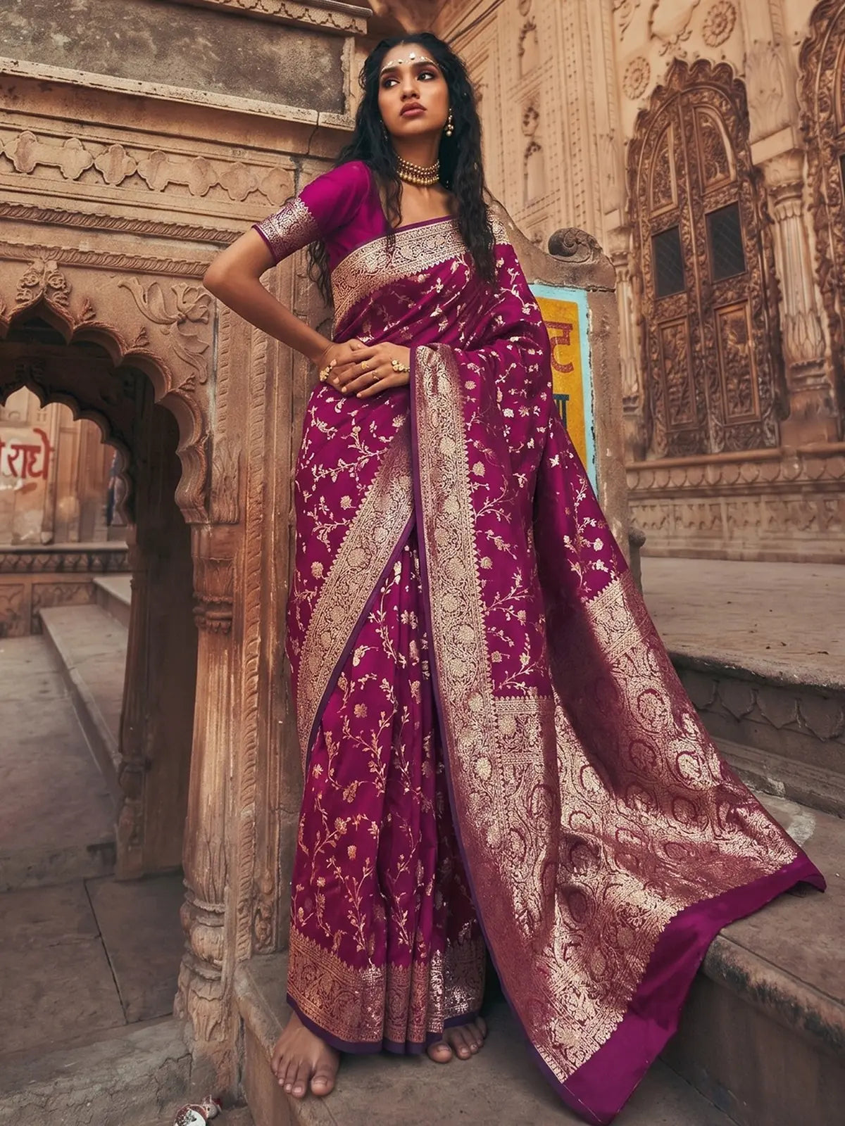 Tarani Shloka magenta Art Silk saree front view with rich zari weaving and heavy border