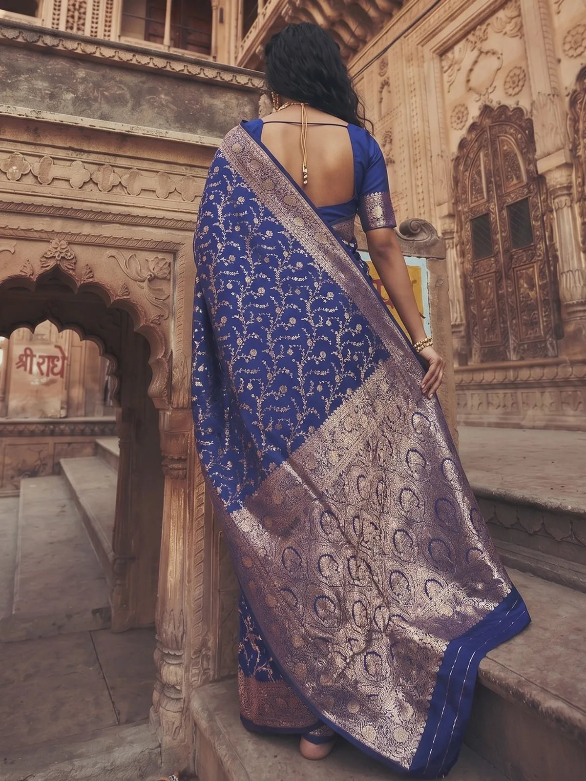 Tarani Kalika navy blue Art Silk saree back view with blouse design and woven pallu