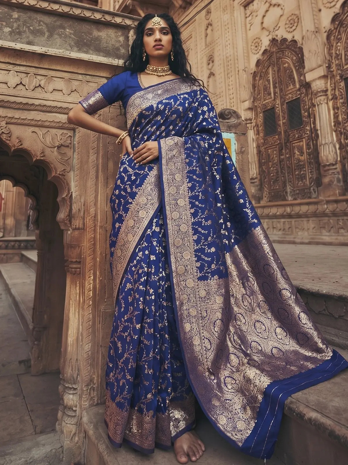 Tarani Kalika navy blue Art Silk saree full view with rich zari weaving and heavy border