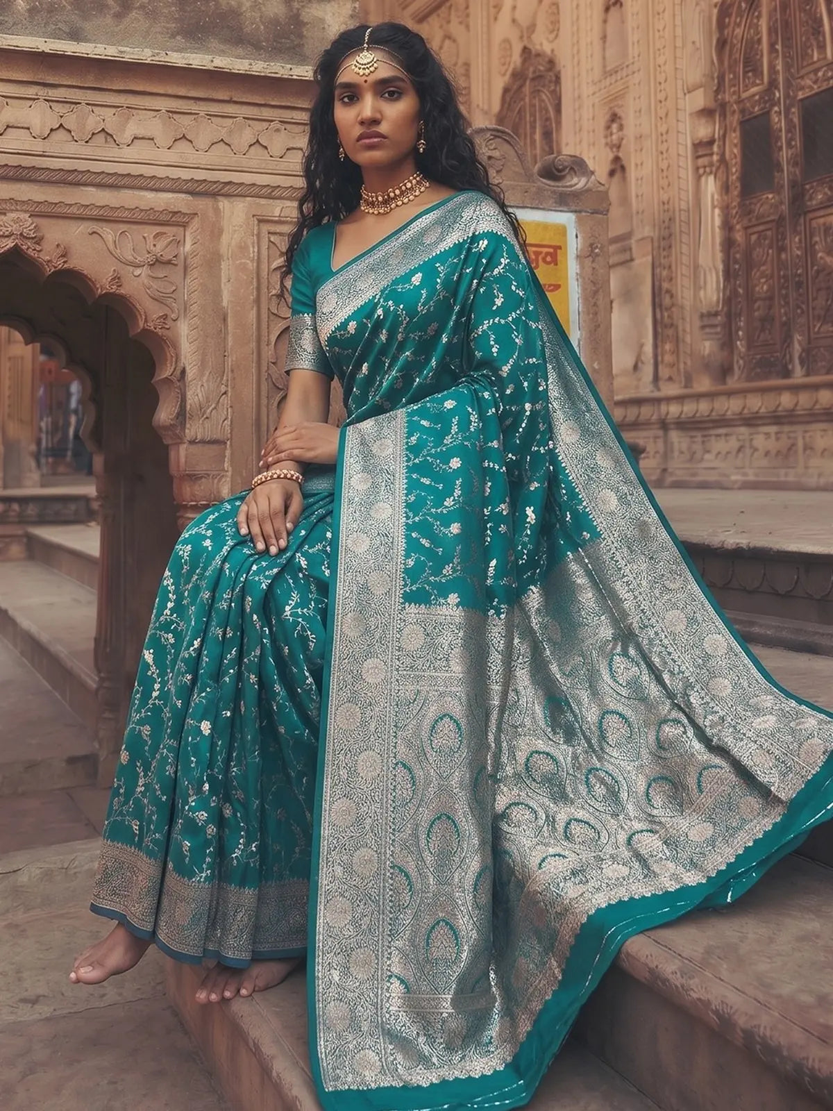 Tarani Kanika teal Art Silk saree showcasing rich zari pallu and woven border detail