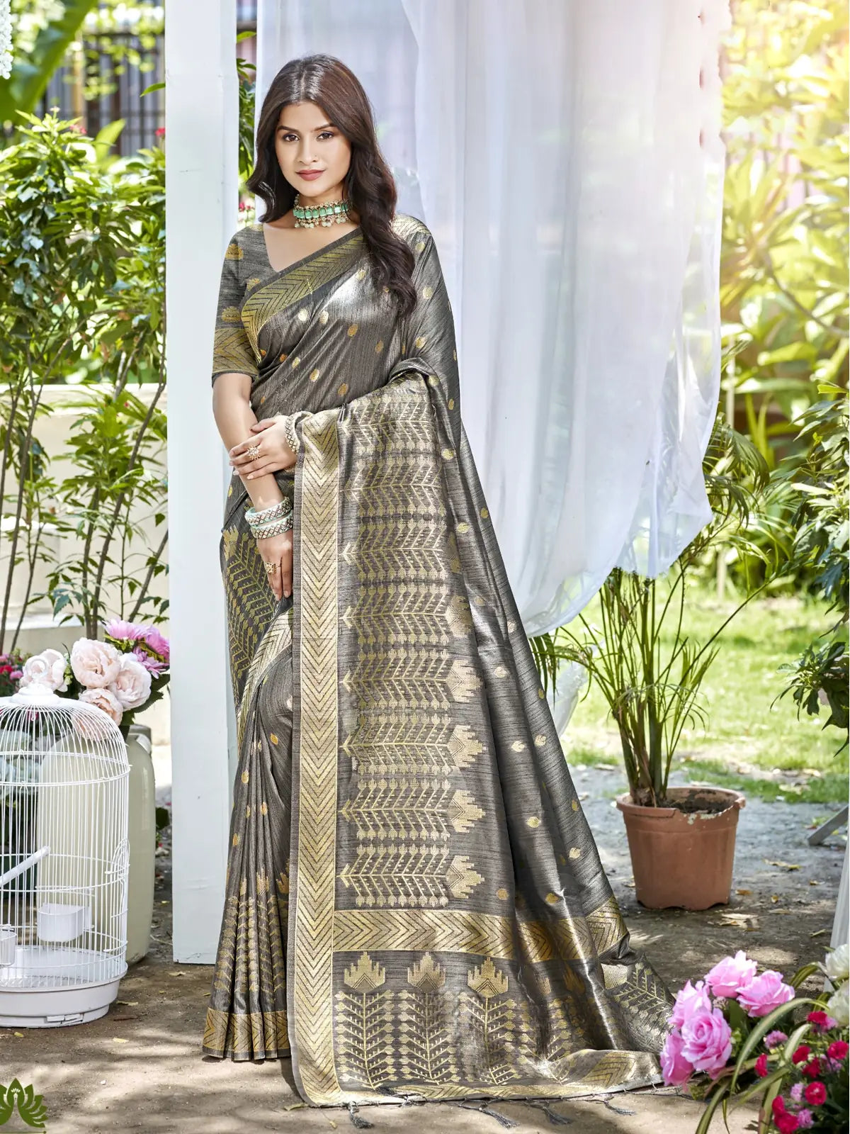 Tarani grey Assam silk saree with golden zari motifs full view festive wear