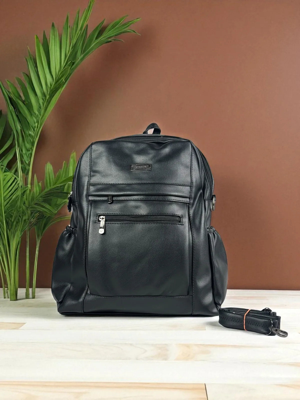 Tarani black PU leather backpack elegant full front view for office and daily use