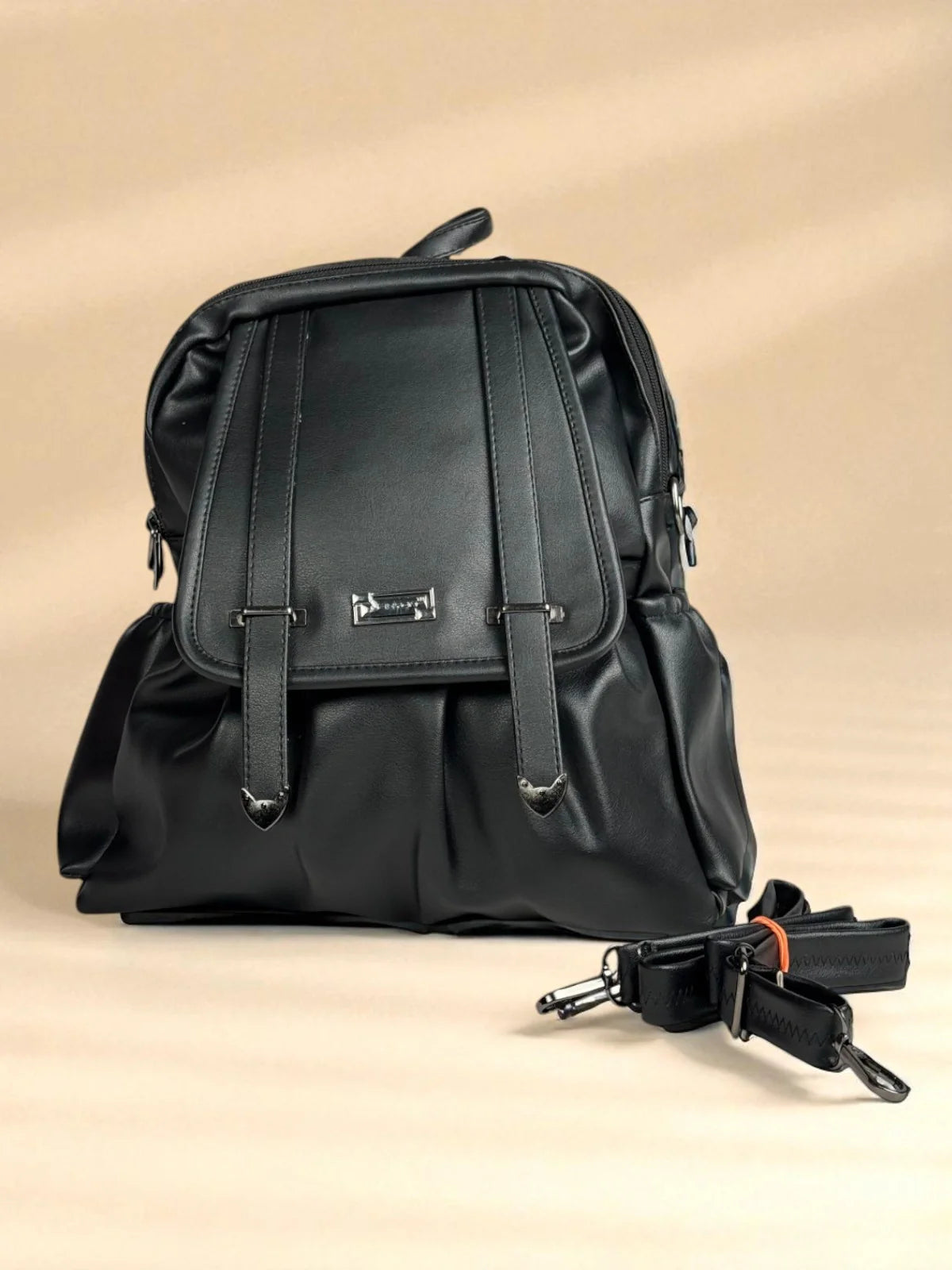 Tarani black PU leather backpack front view elegant design