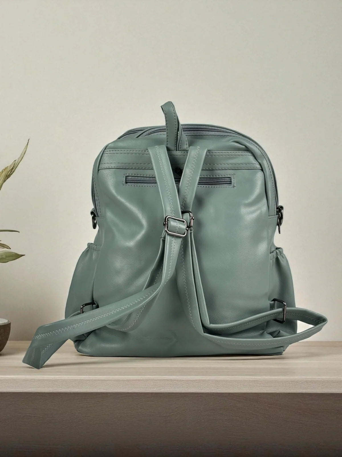 Tarani PU leather green backpack back view